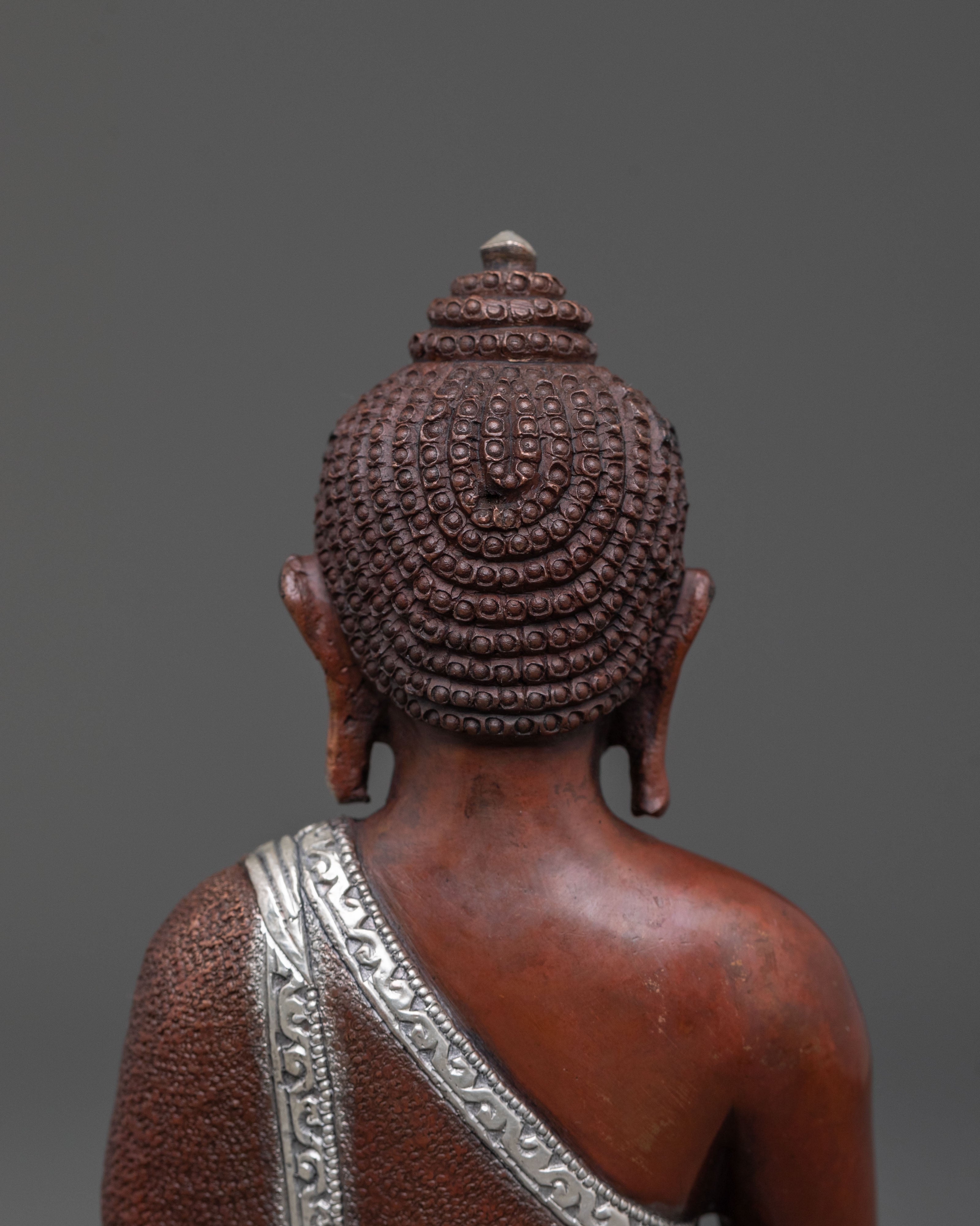 Healing Deity Medicine Buddha Statue in Silver and Oxidized Copper