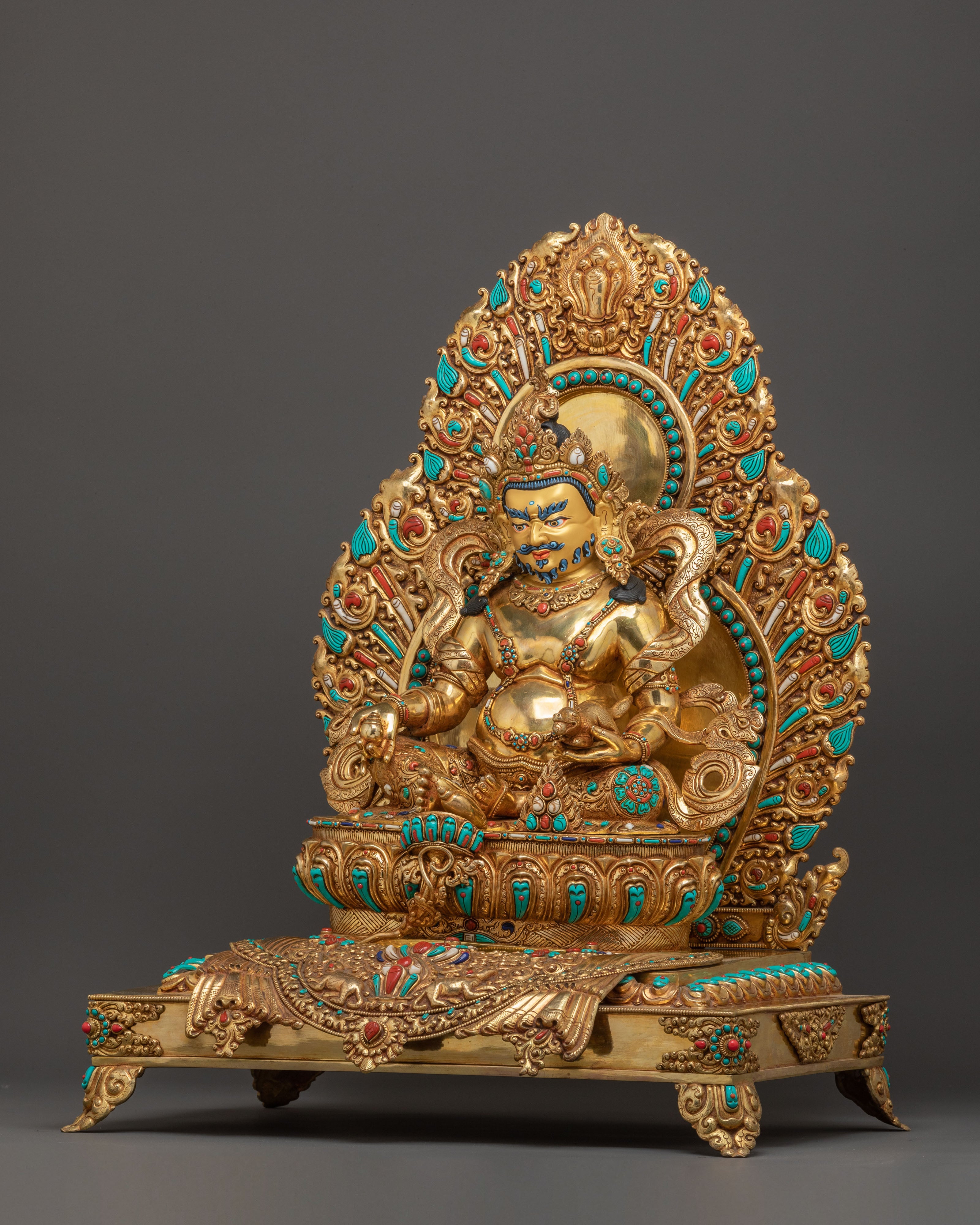 Majestic Dzambhala on Throne Handmade Statue – 24K Gold Gilded