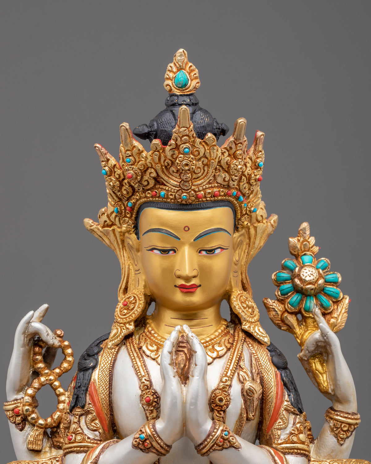 Four Armed Chenrezig Fire Gold Gilded Sculpture | Home Decor