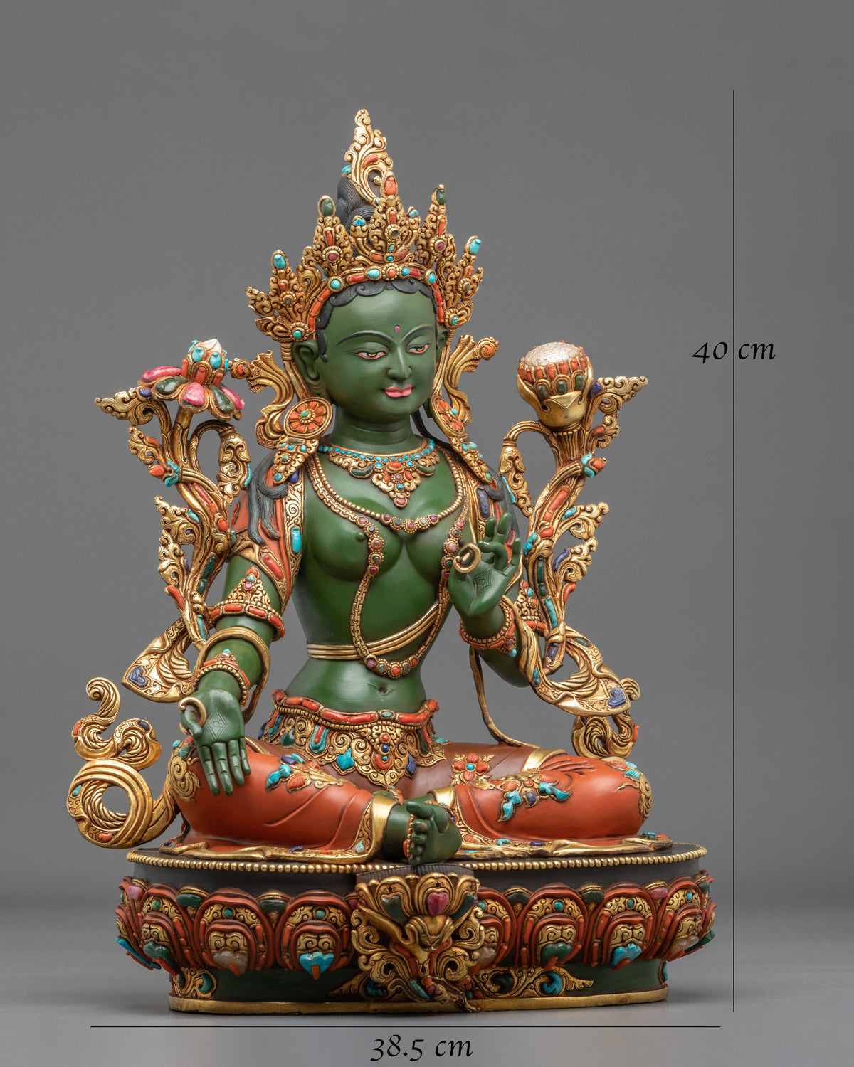 Green Tara Sculpture | Handmade Statue Adorned with Gemstones