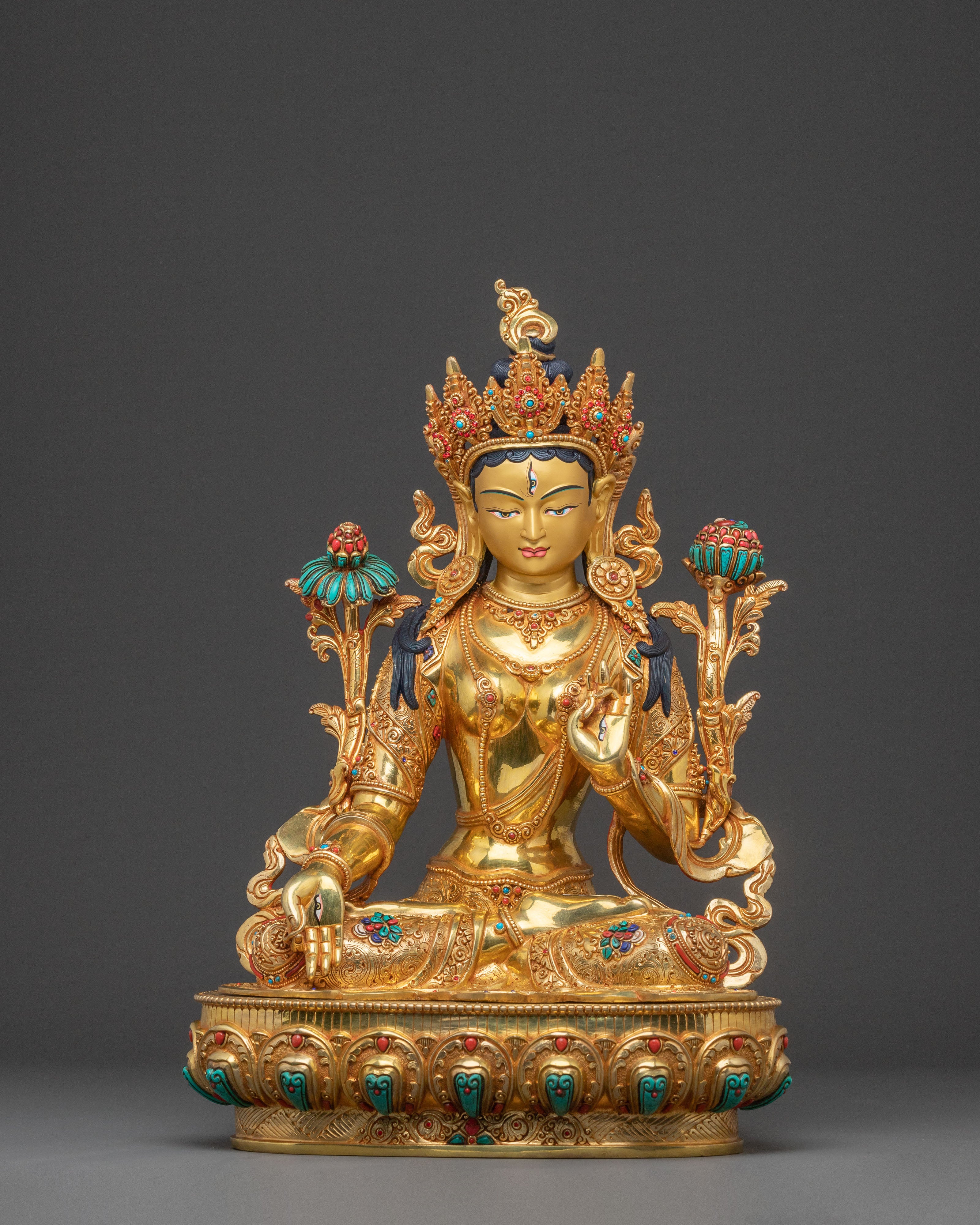 Handcrafted Divine Statue of White Tara with 24K Gold Gilding