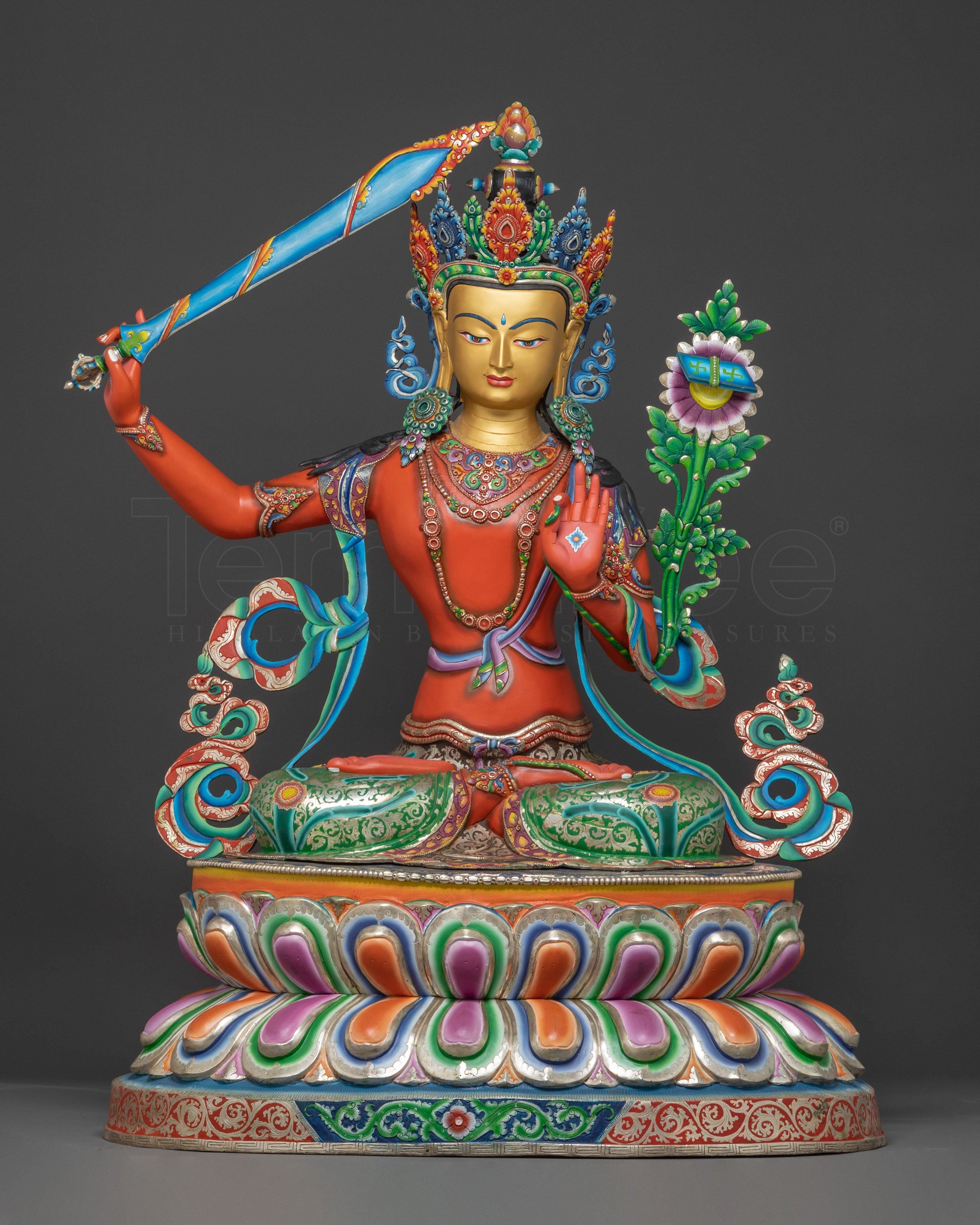 Handcrafted Spiritual Statue of Manjushri – Radiant Gold & Silver