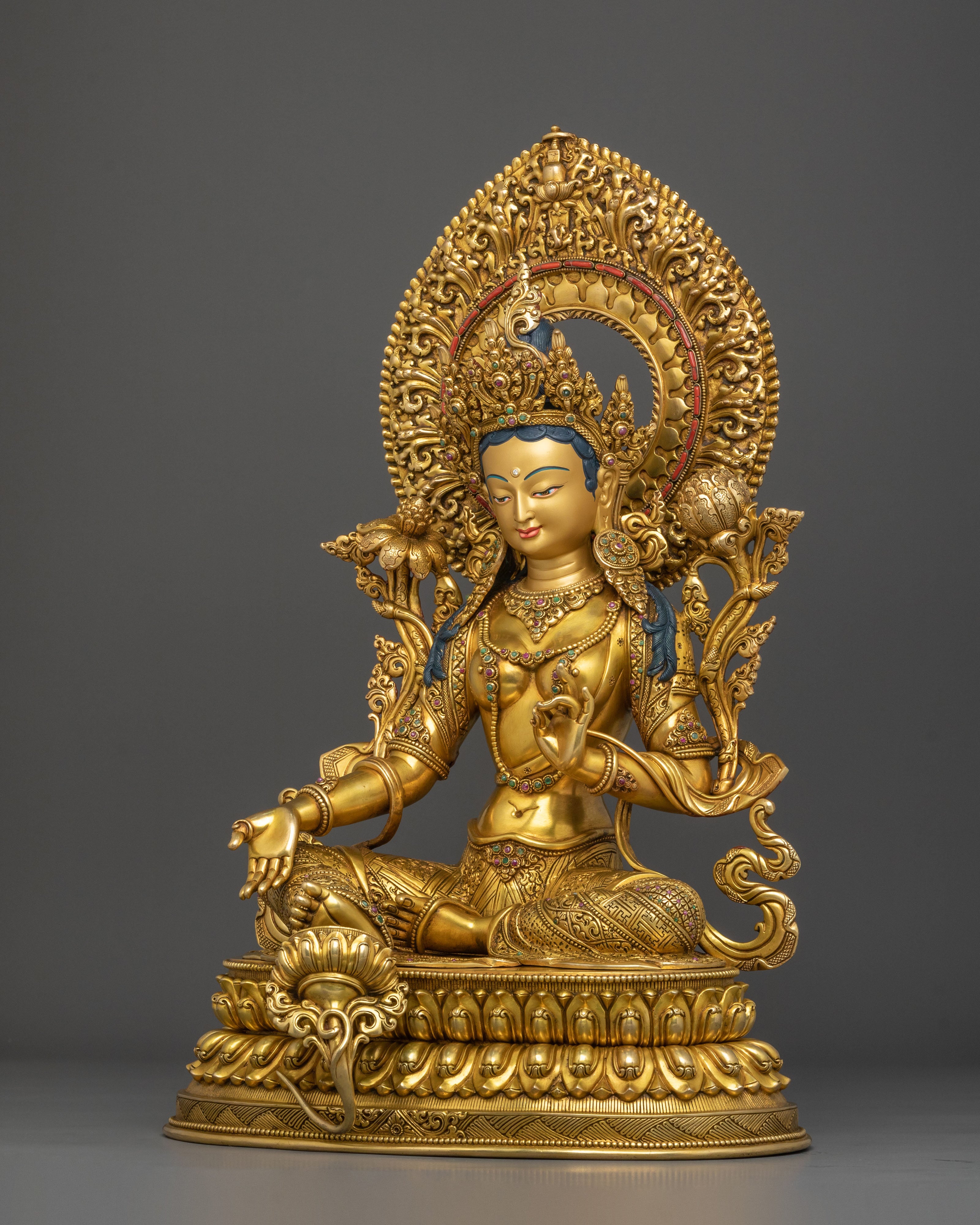 Tibetan Goddess Sculpture of Green Tara | 24K Gold Gilded Compassion Statue