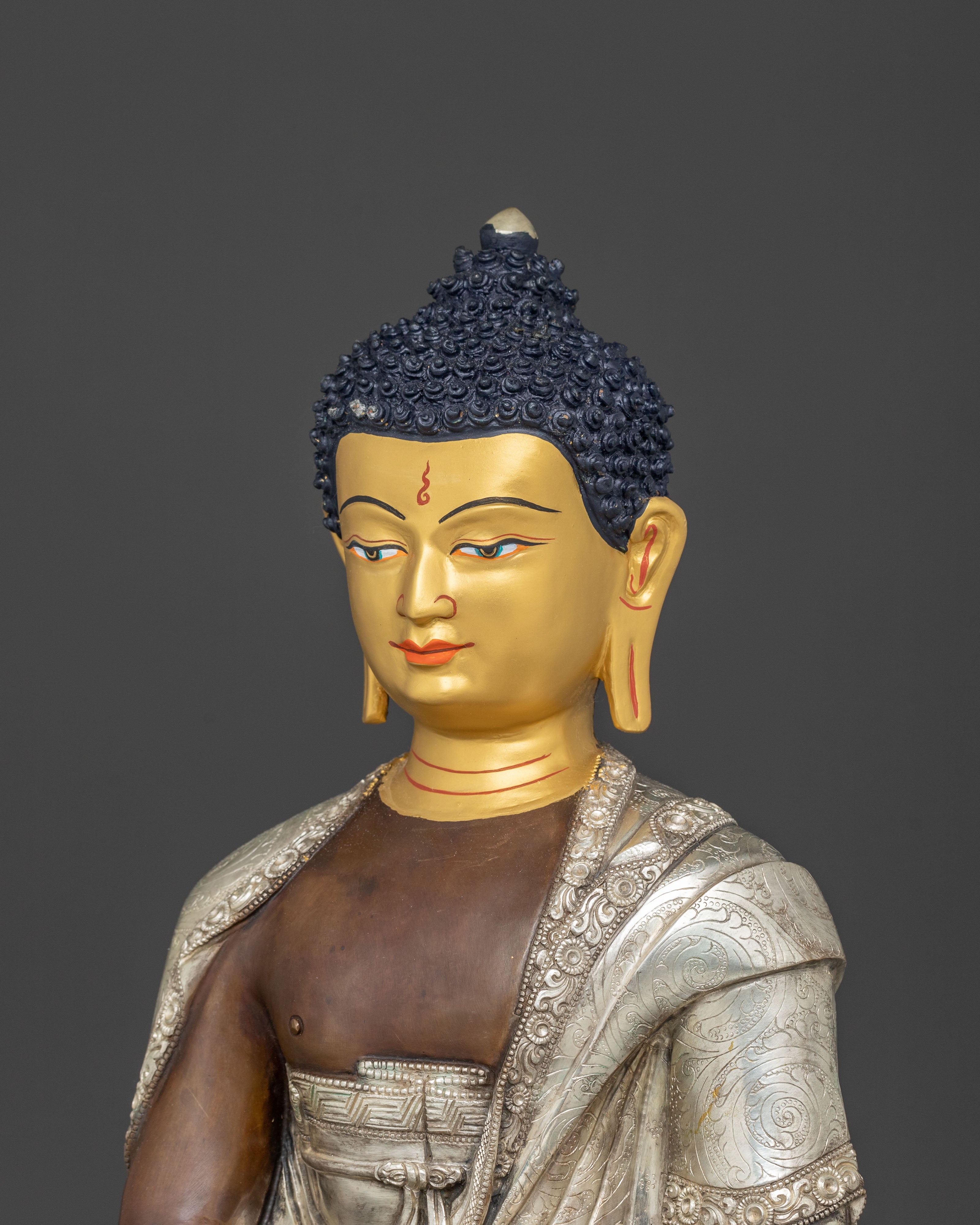 Silver-Plated Shakyamuni Buddha Copper Statue | A Sacred Vision of Enlightenment