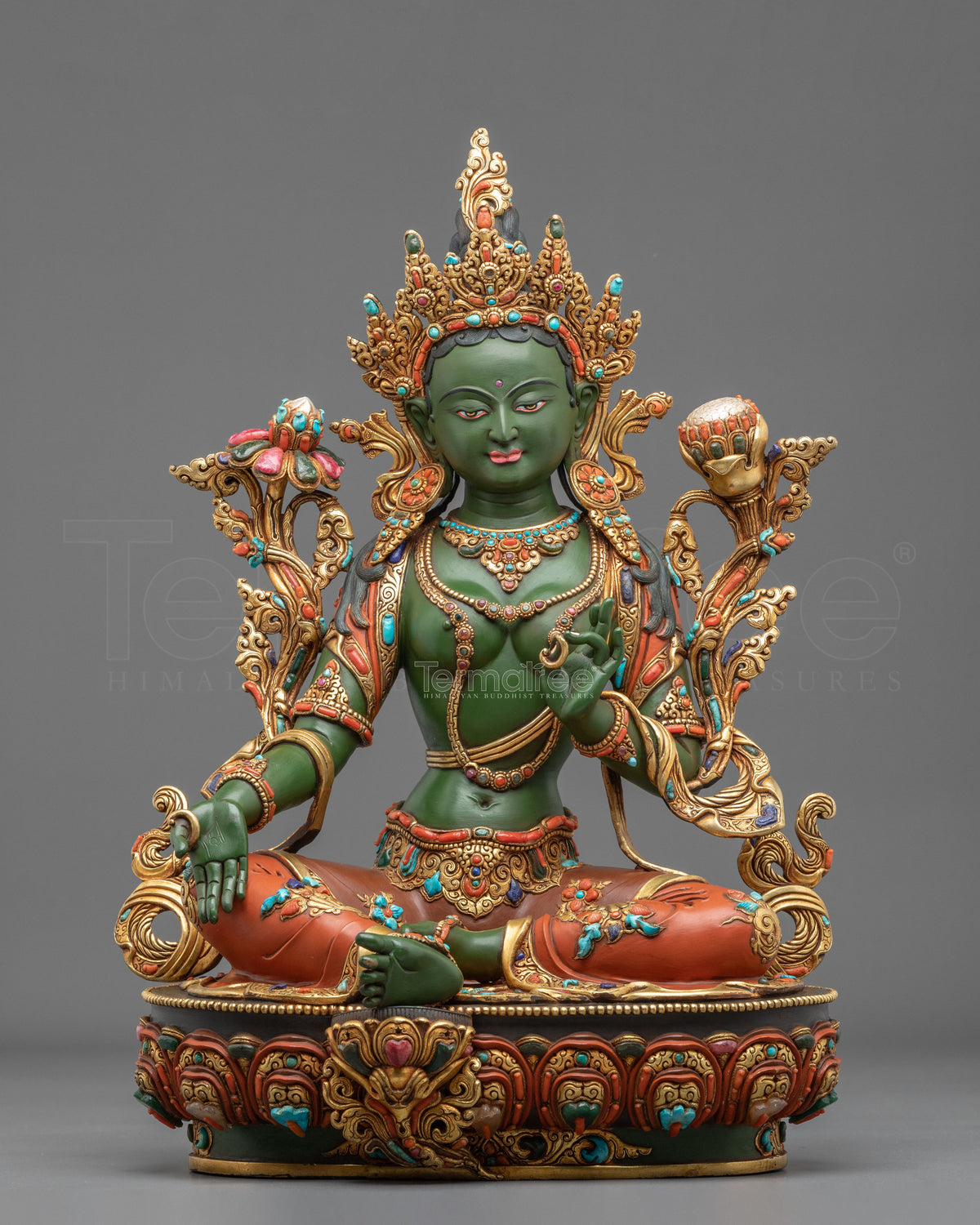 Green Tara Sculpture | Handmade Statue Adorned with Gemstones