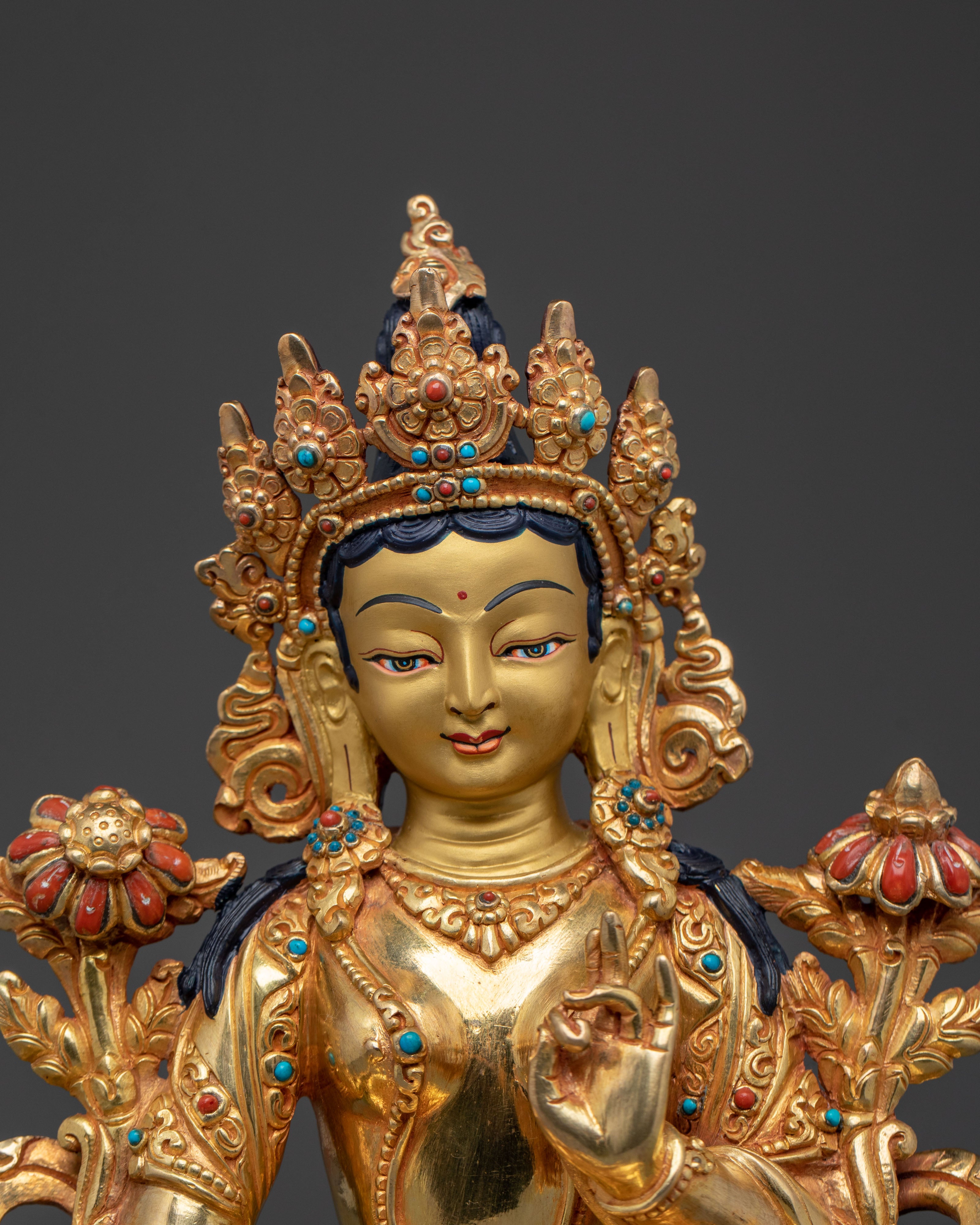Green Tara 24K Gold Gilded Statue | Himalayan Artistry