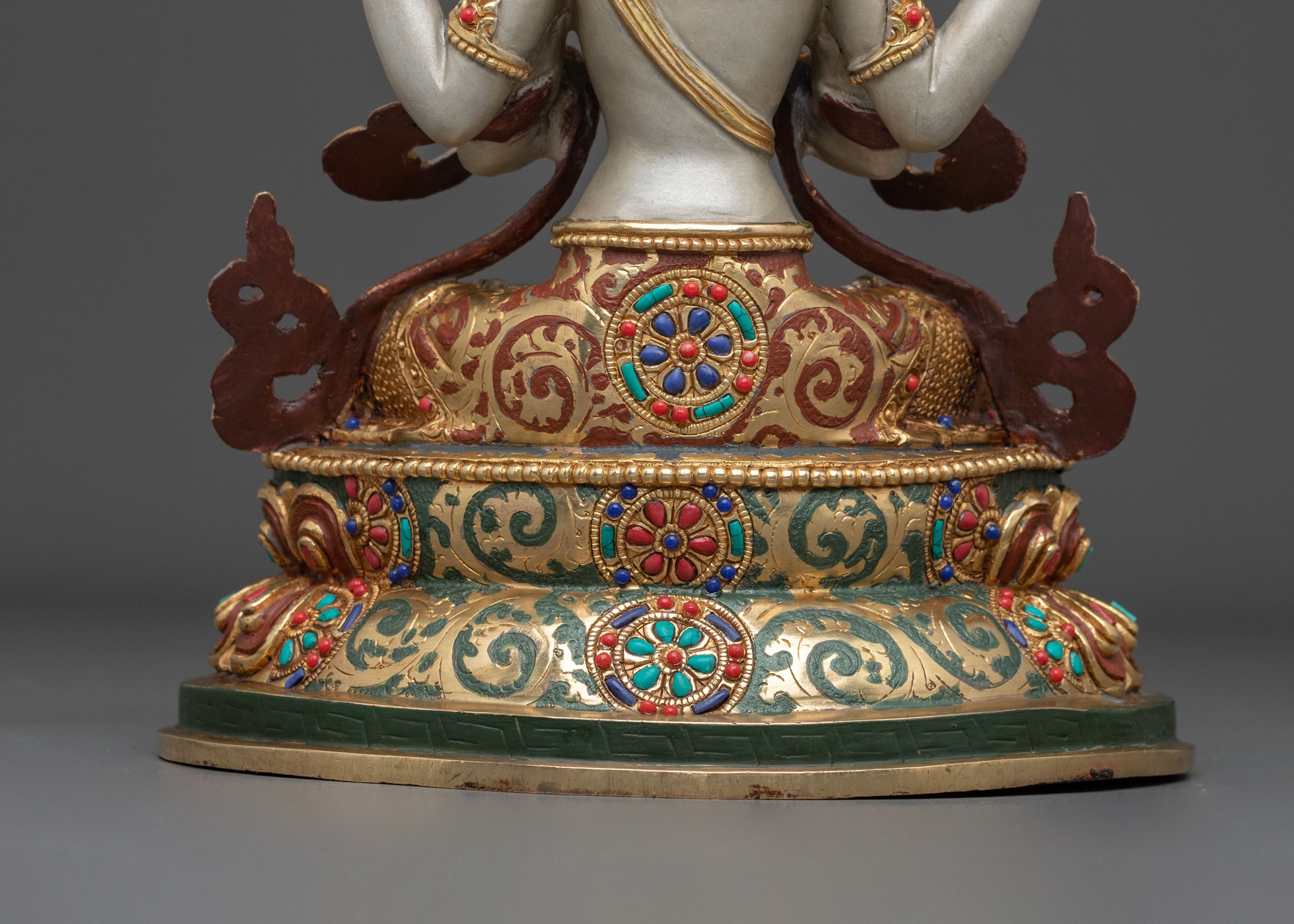 Hand Carved Four Armed Chenrezig Sculpture: Embodiment of Compassion