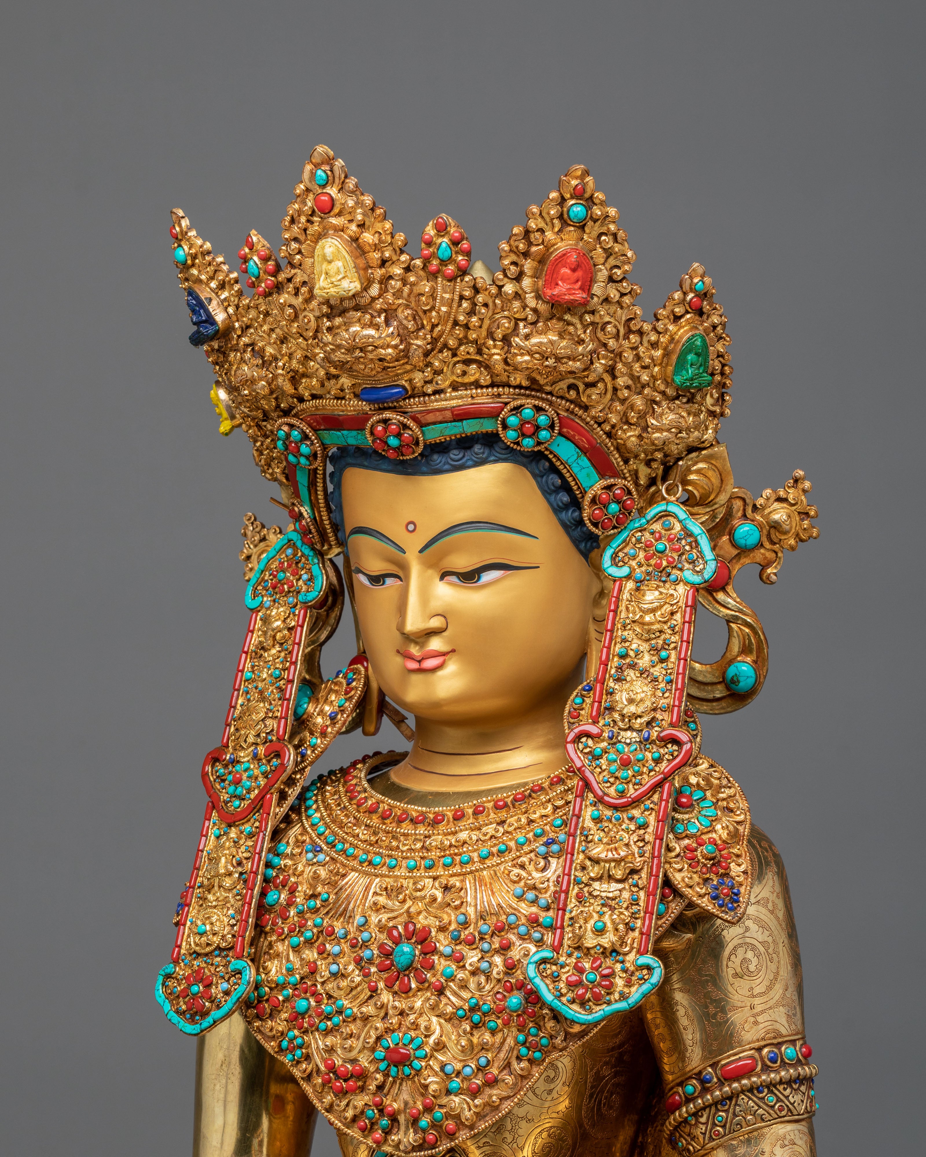 Crown Shakyamuni Buddha on Throne | Exquisite 24K Gilded Figurine
