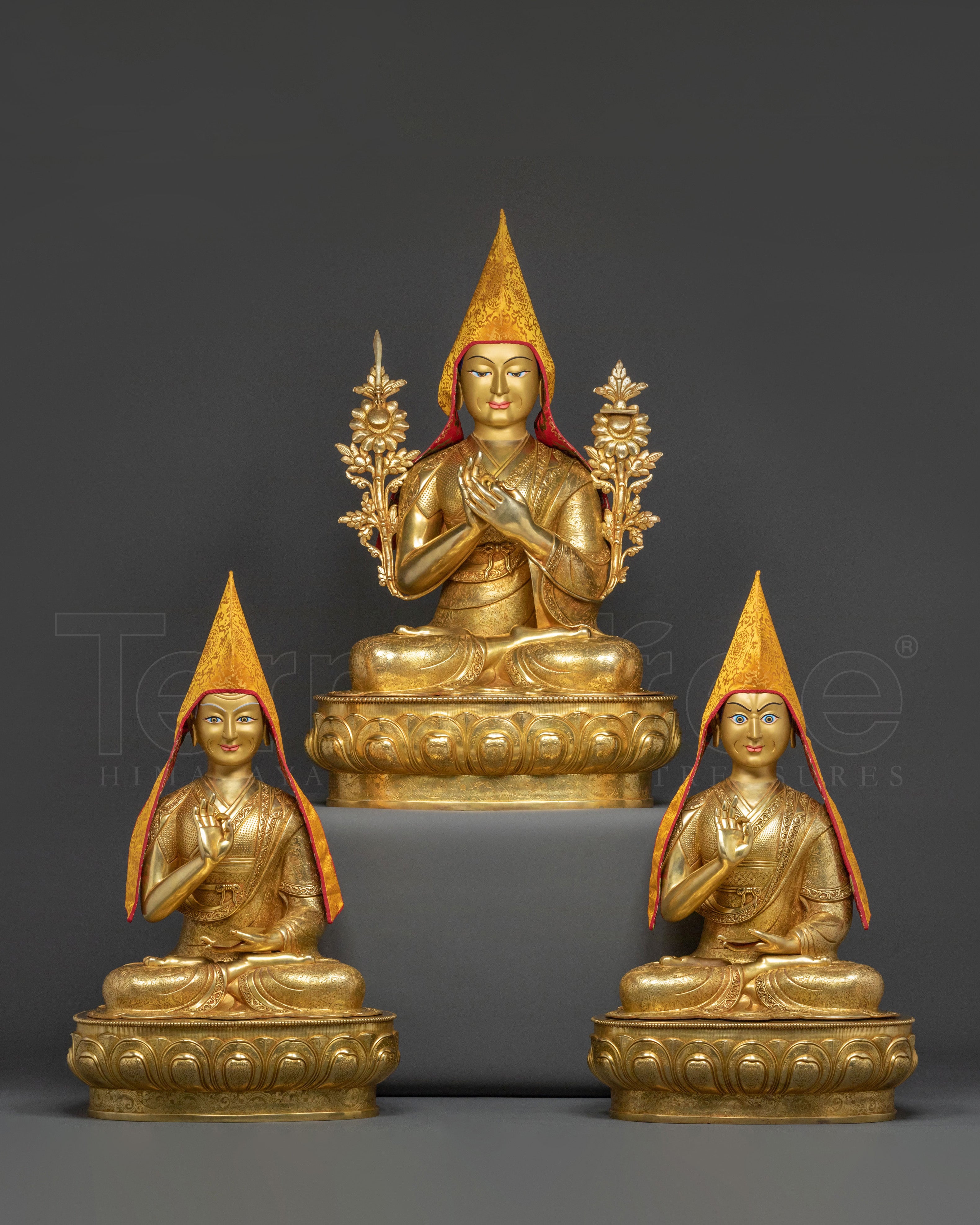 Handmade Tsongkhapa with Disciples Statue Set: Traditional Himalayan Artwork