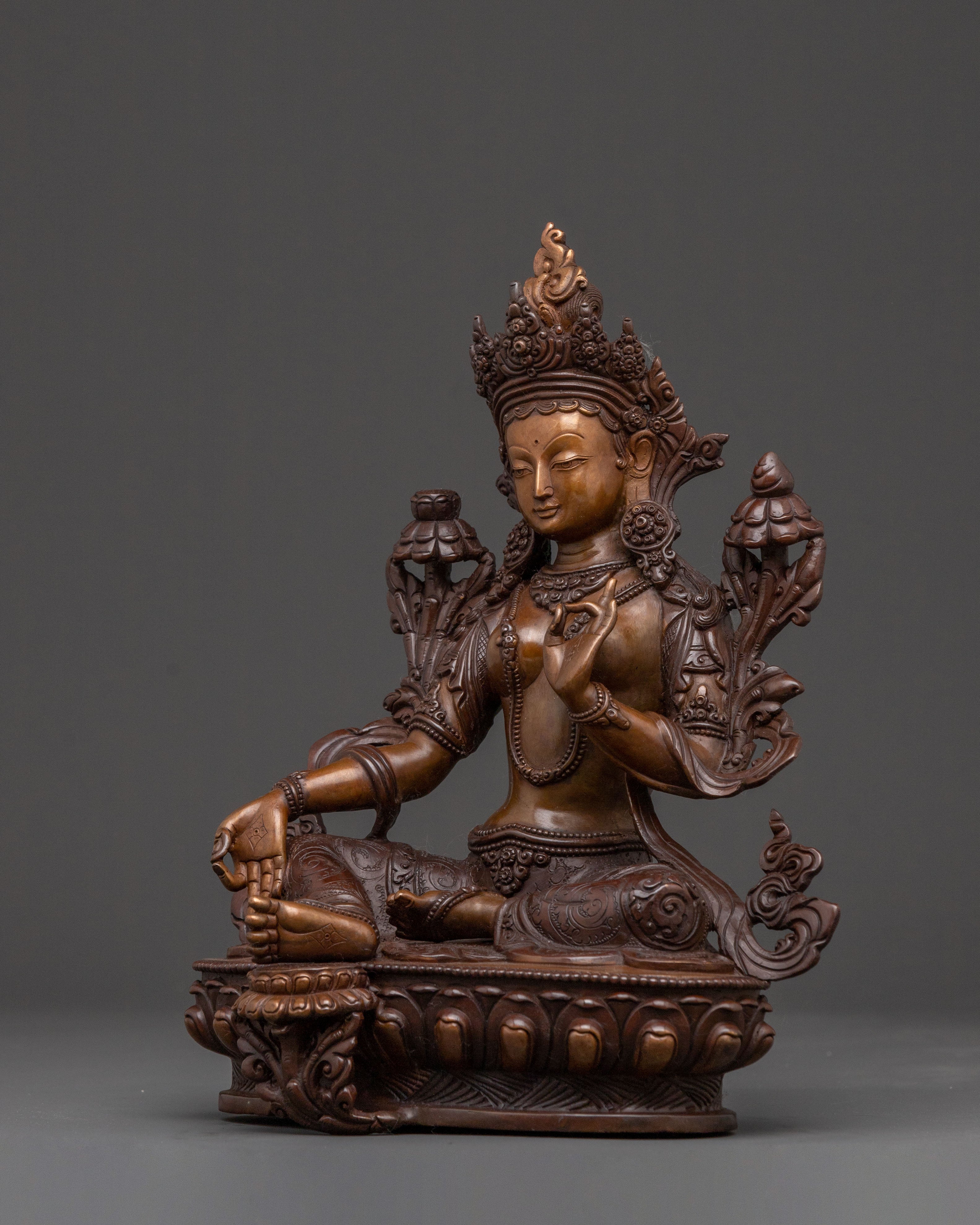 Green Tara Sacred Altar Statue: Oxidized Copper Serenity