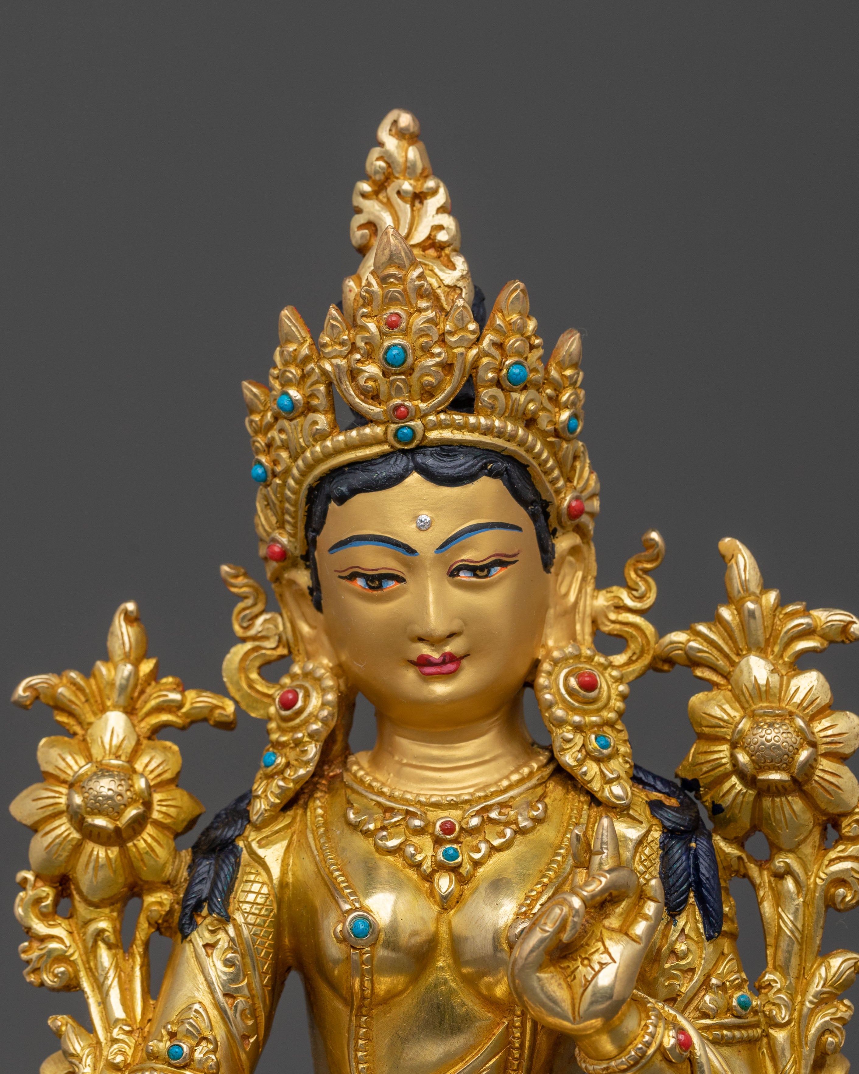 Handcrafted Green Tara Figure with 24K Gold Gilding