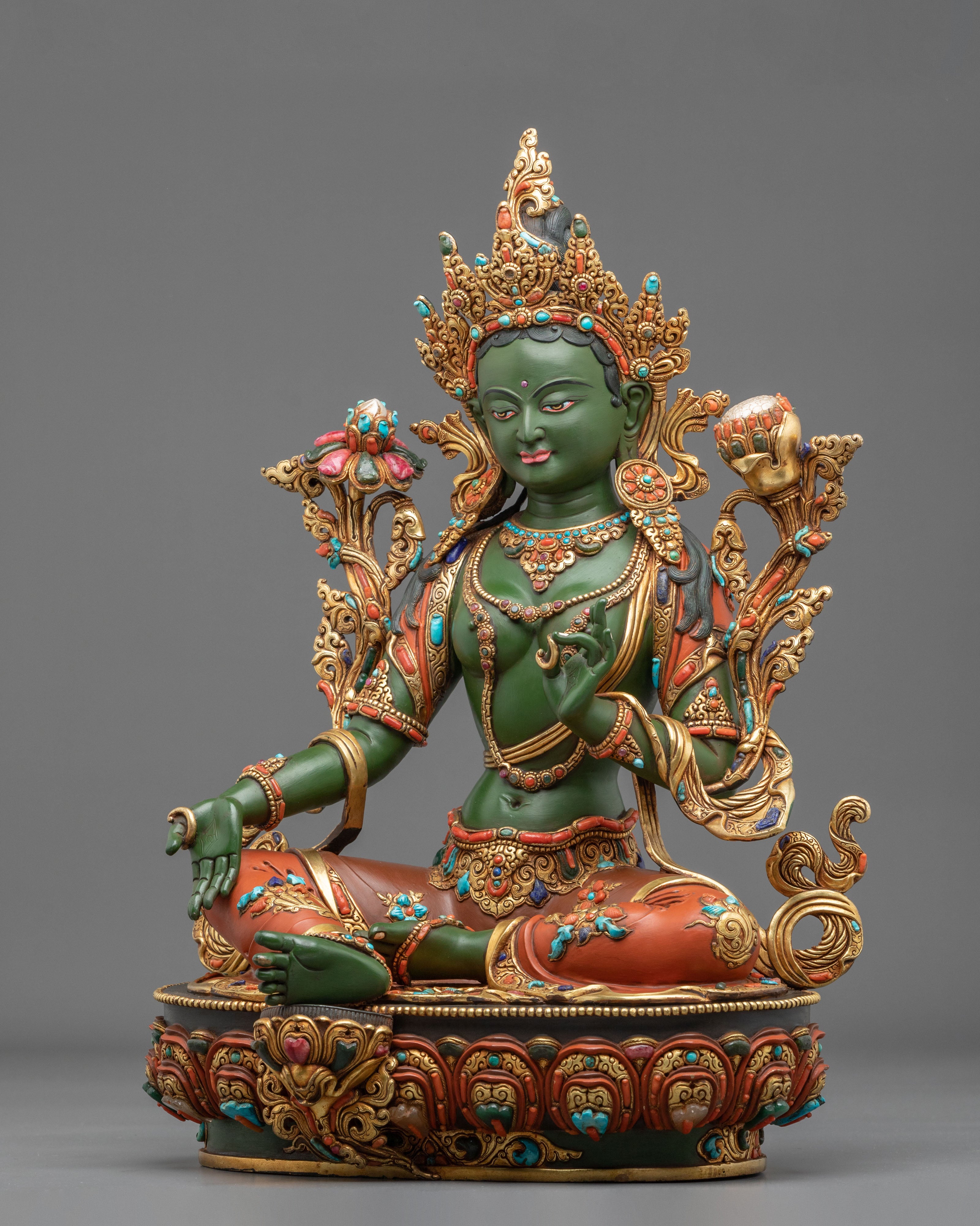 Green Tara Sculpture | Handmade Statue Adorned with Gemstones