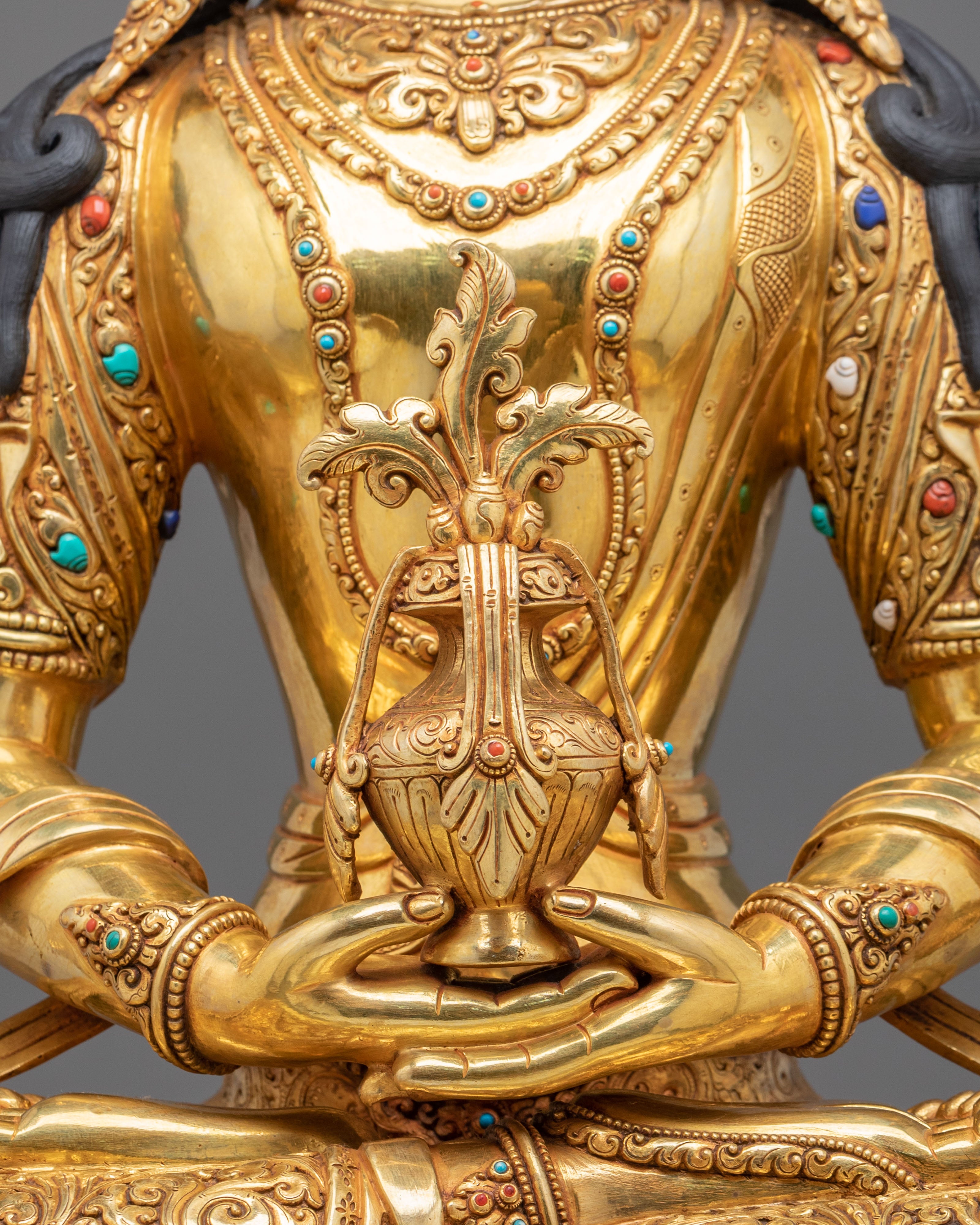 Amitayus Sculpture | Gemstones Adorned Copper Figurine