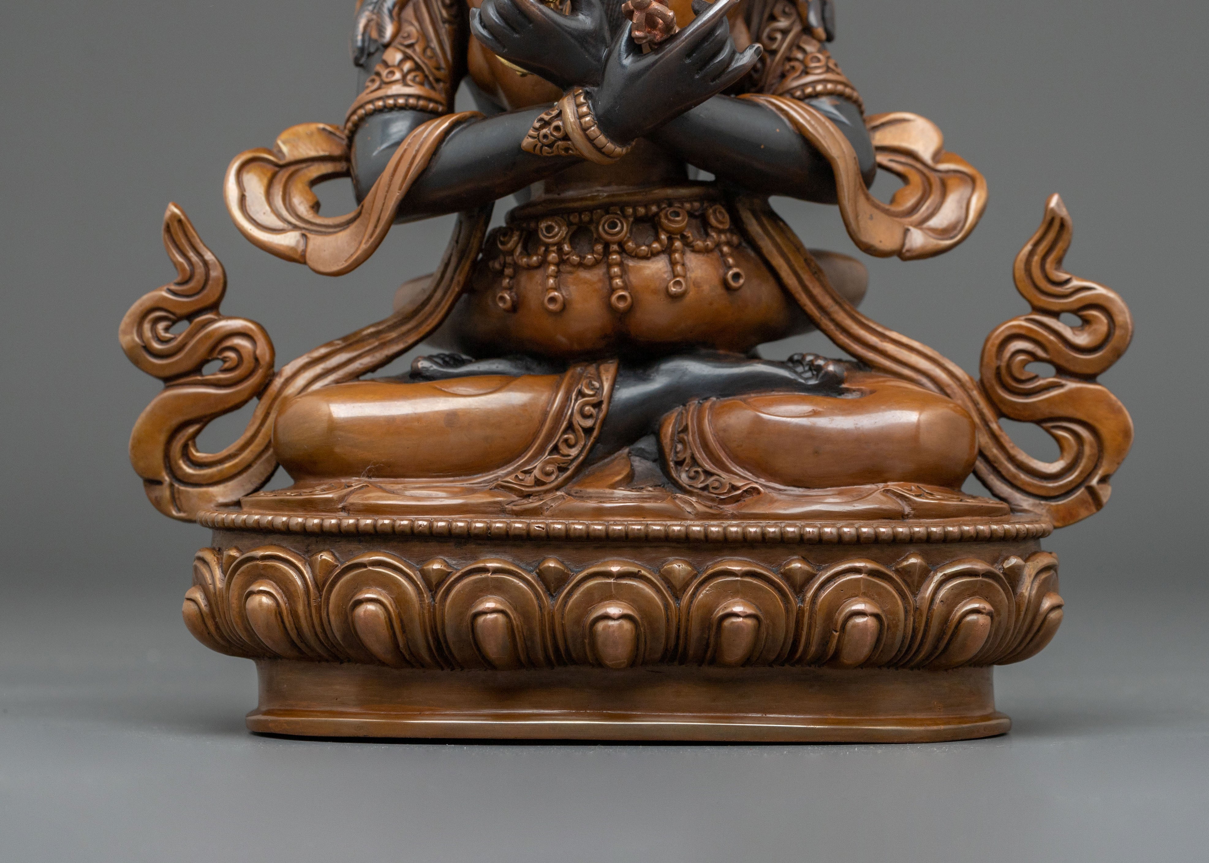 Vajradhara Sacred Sculpture with Consort: Oxidized Copper Staue