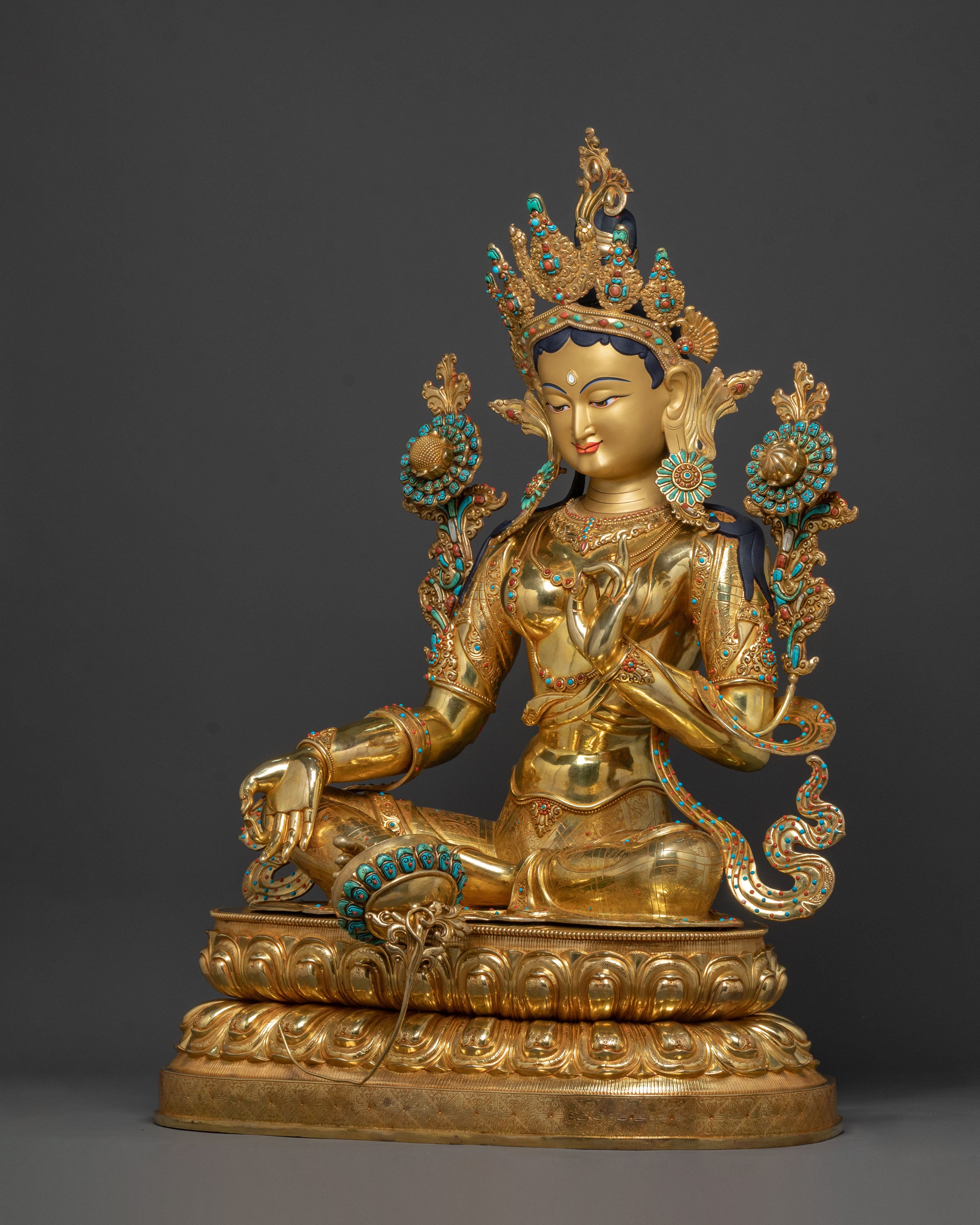 Life-Size Green Tara Statue | 24K Gold Glided Buddhist Sculpture