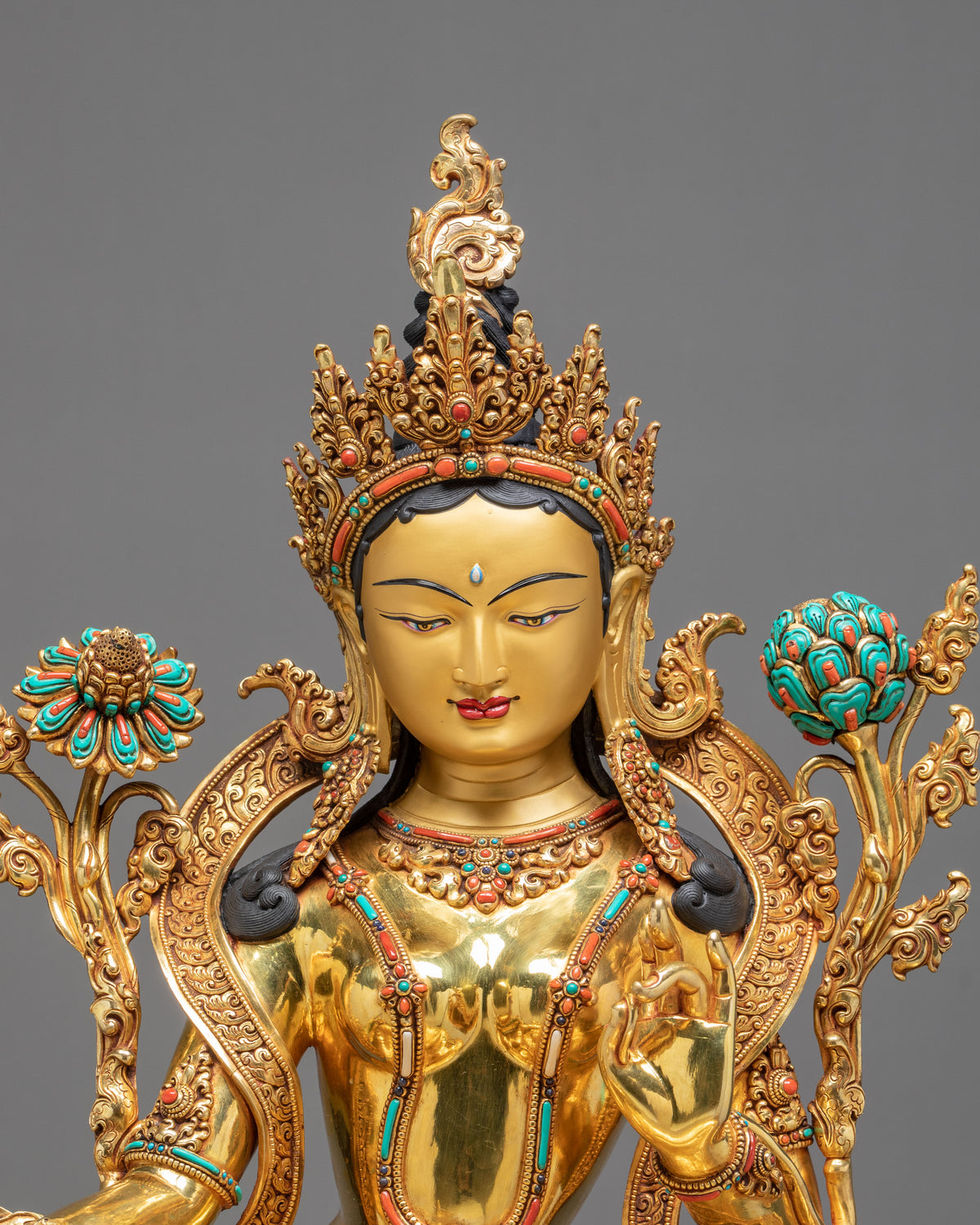 Green Tara Figurine on Throne | Buddhist Goddess Copper Statue