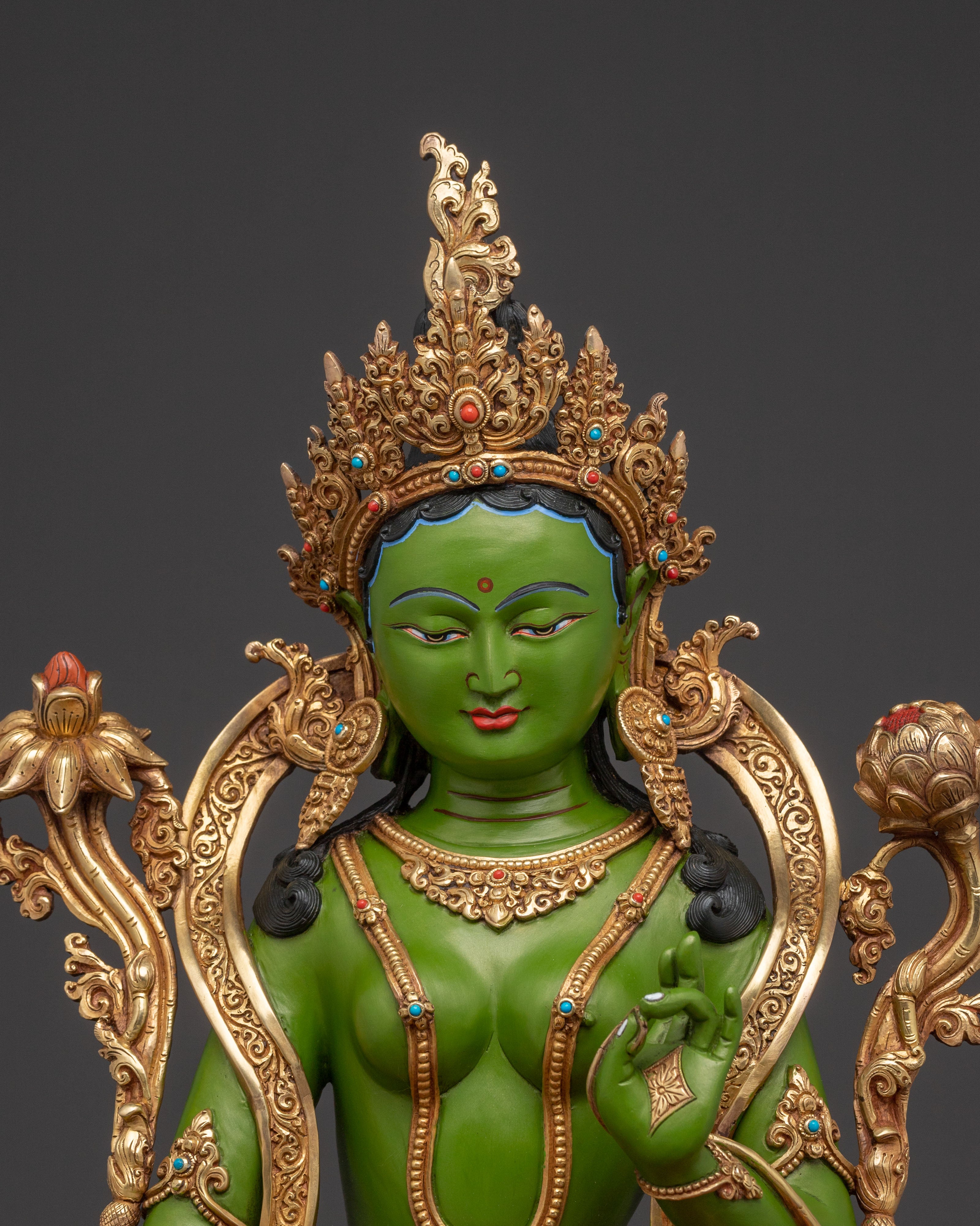19 Inch Green Tara Statue: Gold Electroplated