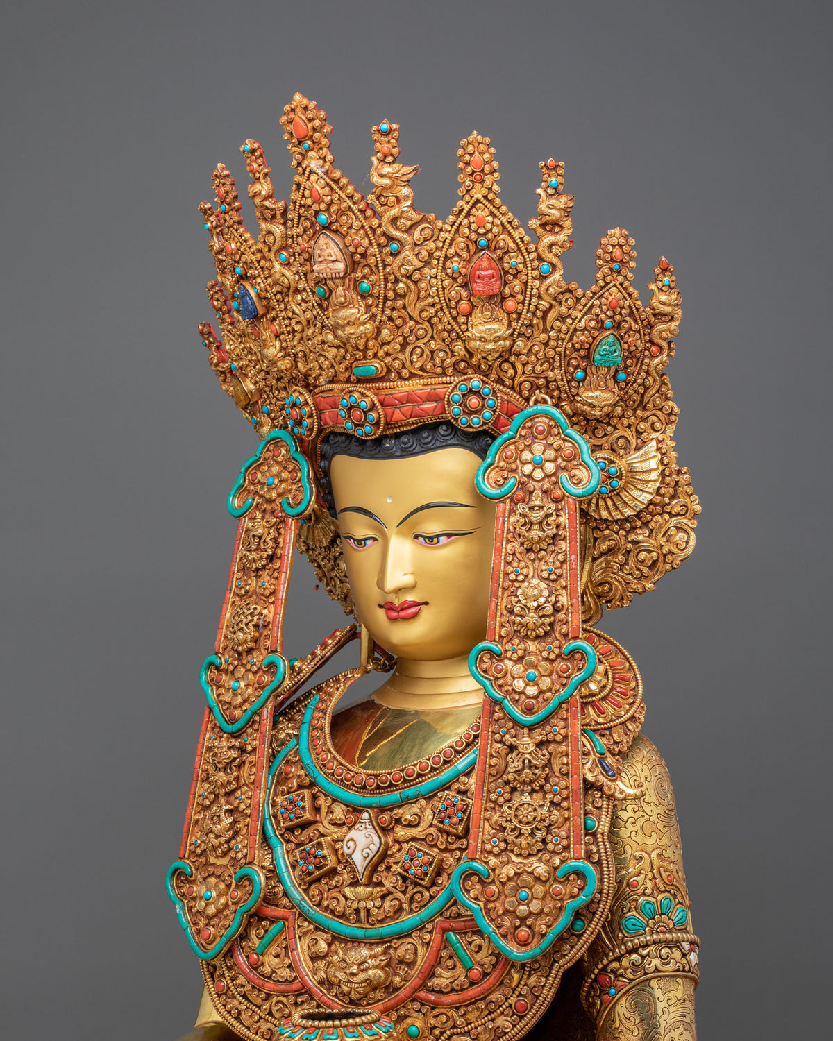 Crown Shakyamuni Buddha Figurine | 24K Gold-Gilded Buddha Statue
