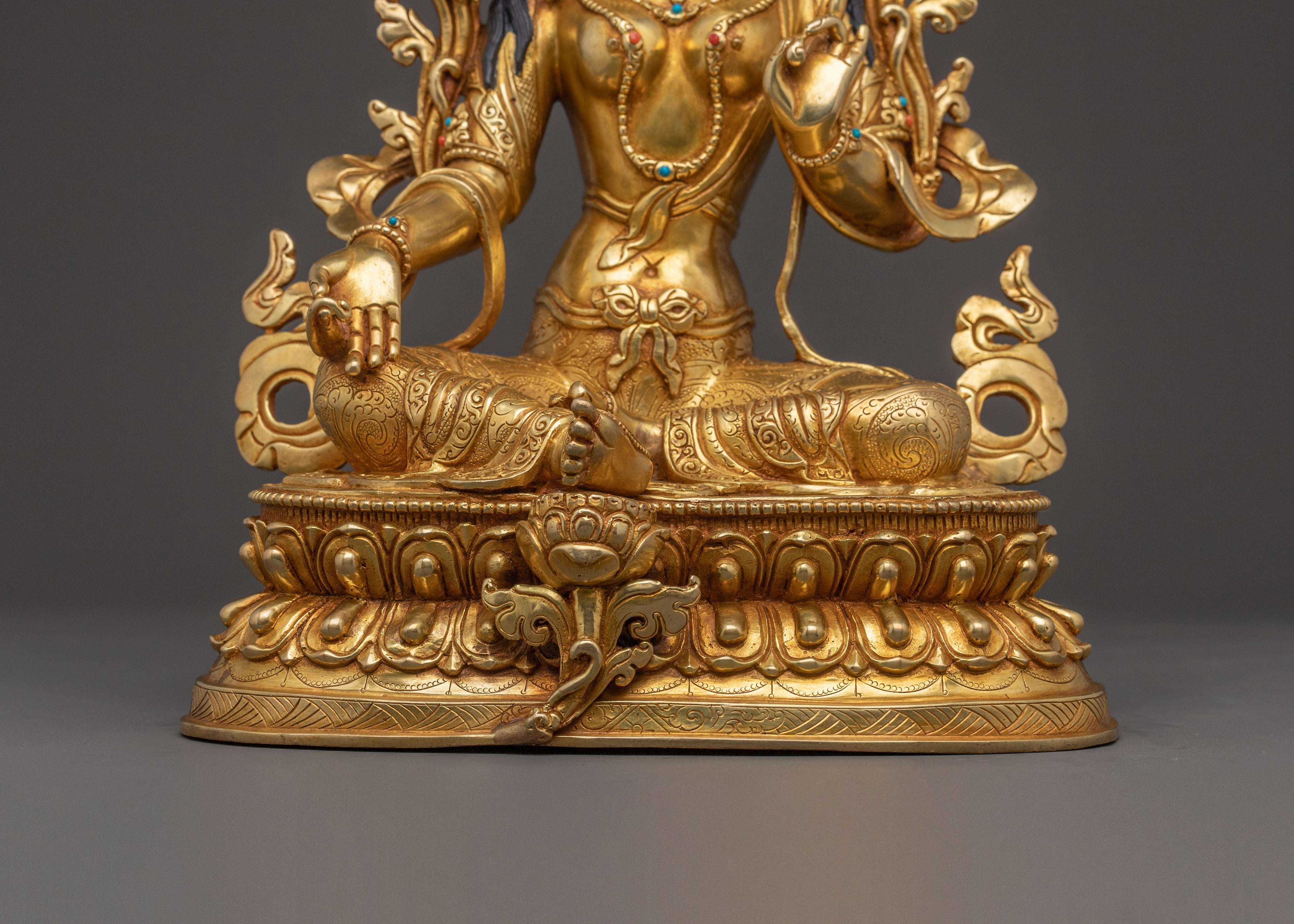 Green Tara Enlightened Mother Statue - 24K Gold Gilded