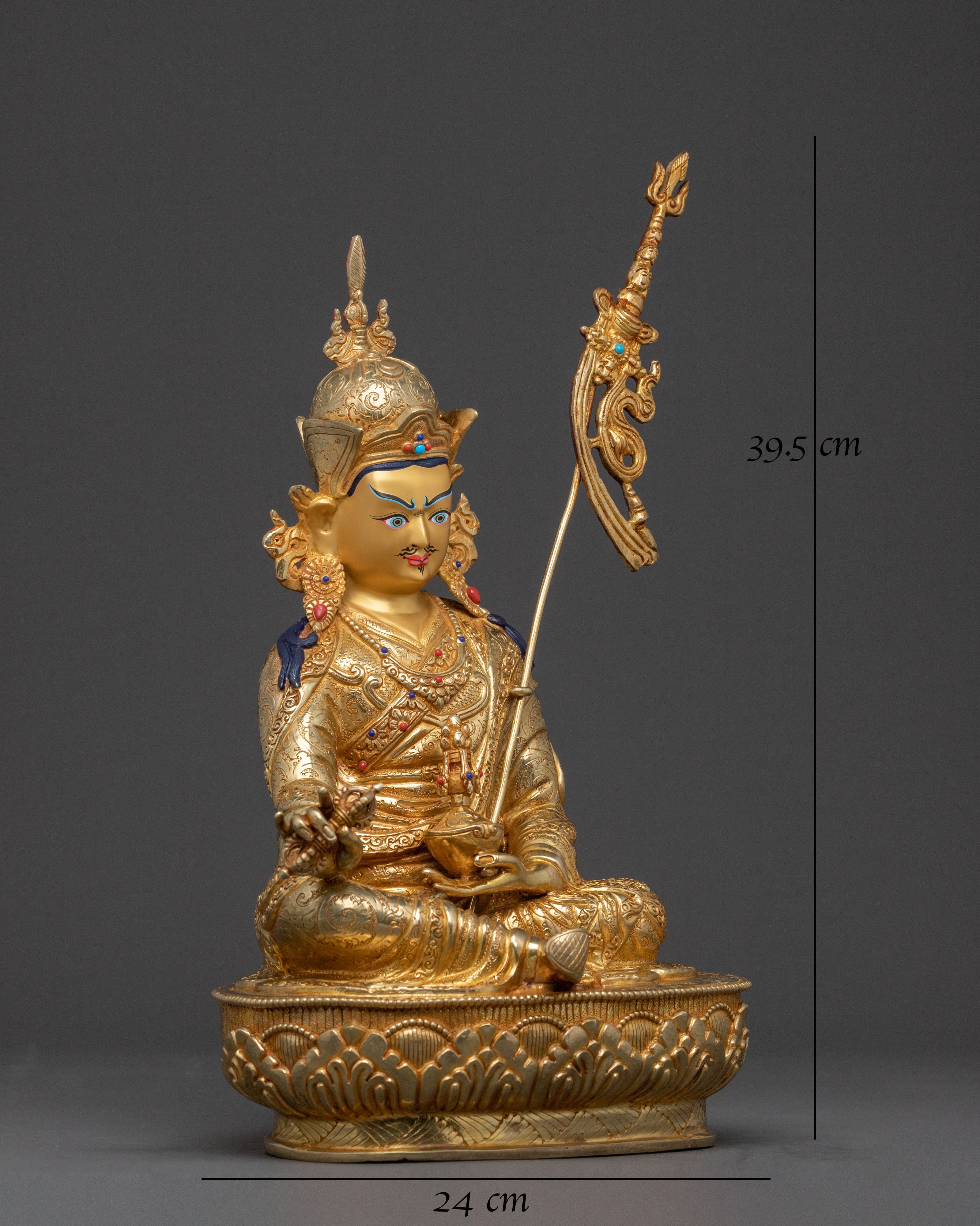 Guru Rinpoche Spiritual Protector Statue: 24K Gold Gilded Statue