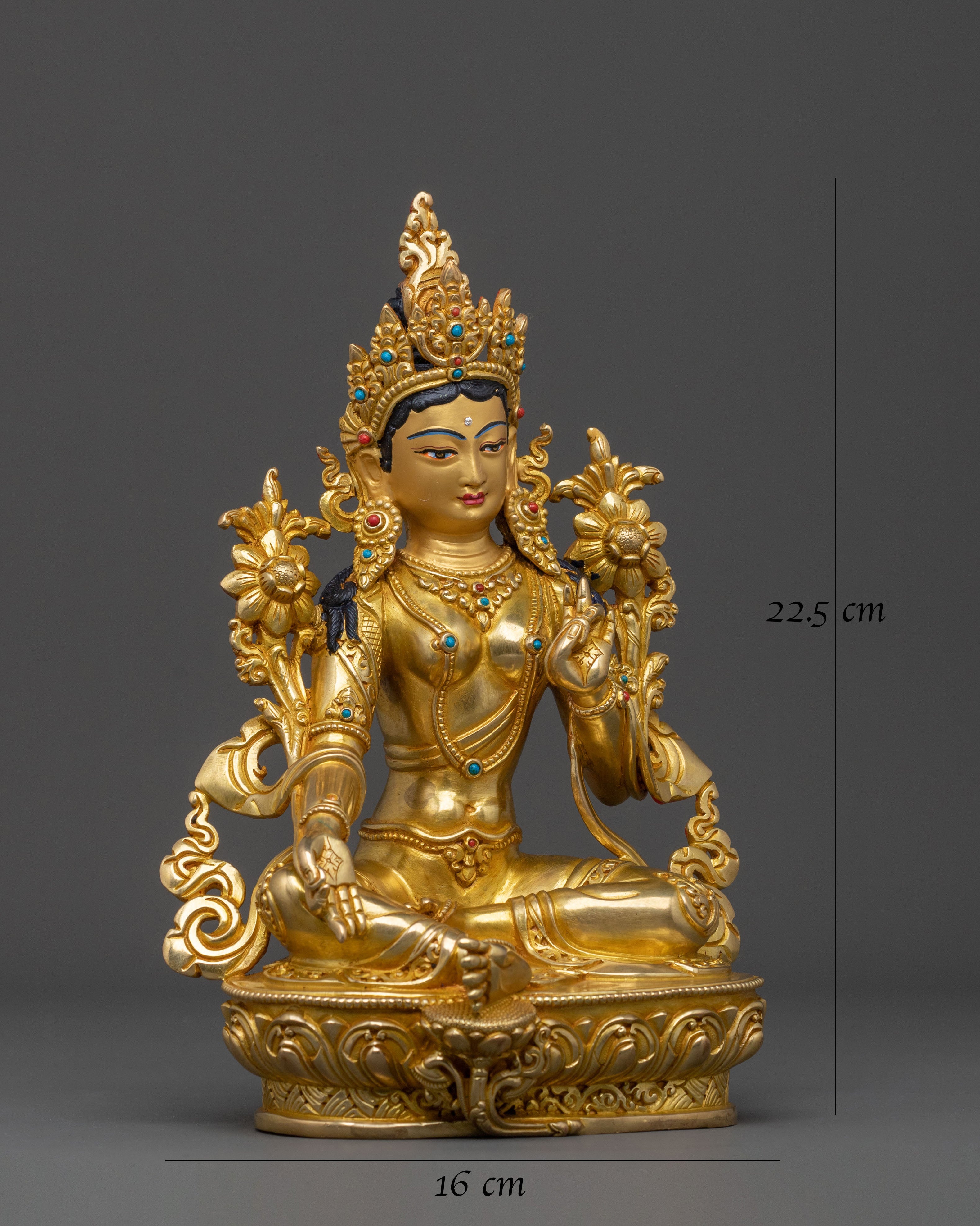 Handcrafted Green Tara Figure with 24K Gold Gilding