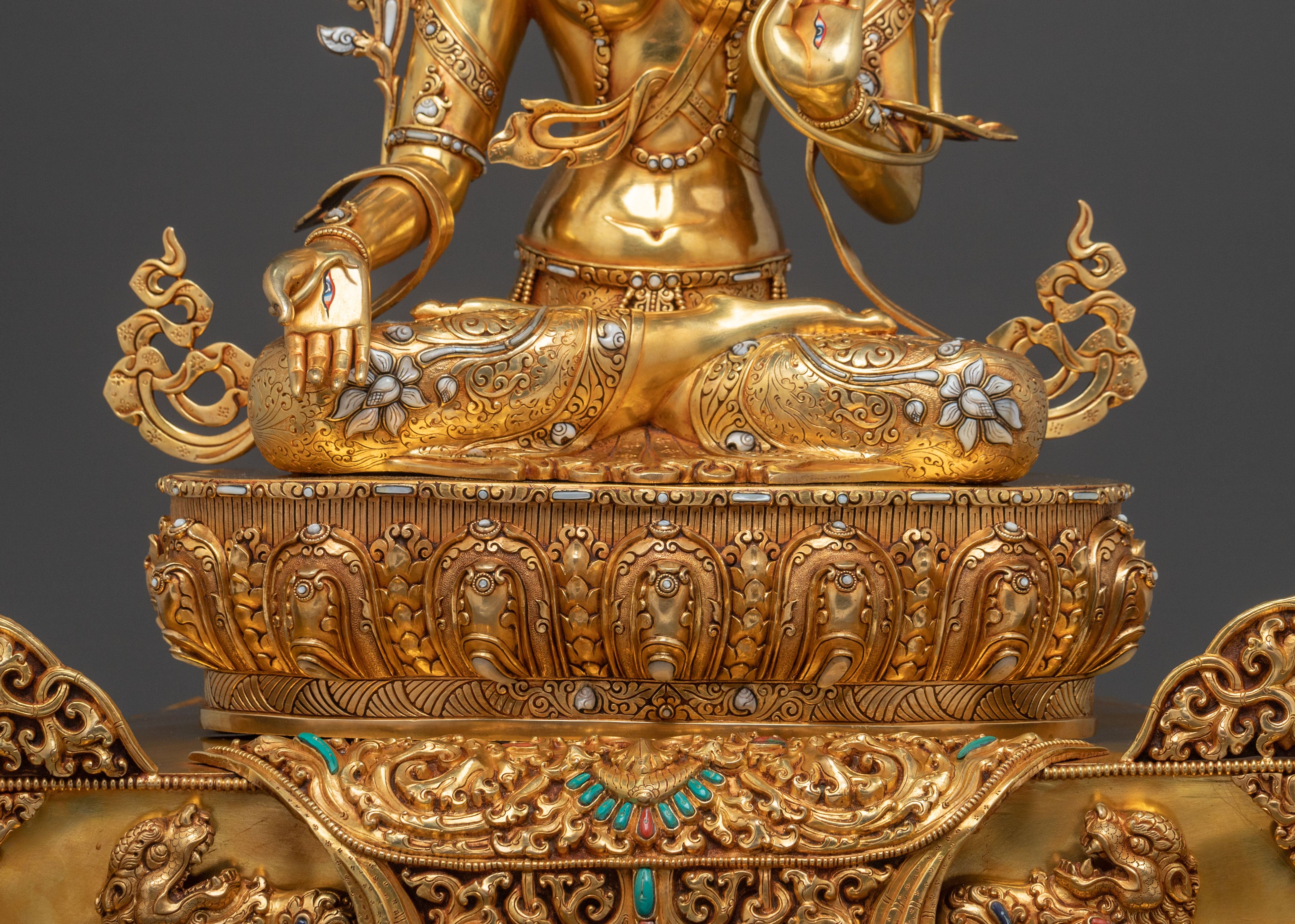 Exquisite 24K Gold Gilded White Tara Statue Seated on Throne