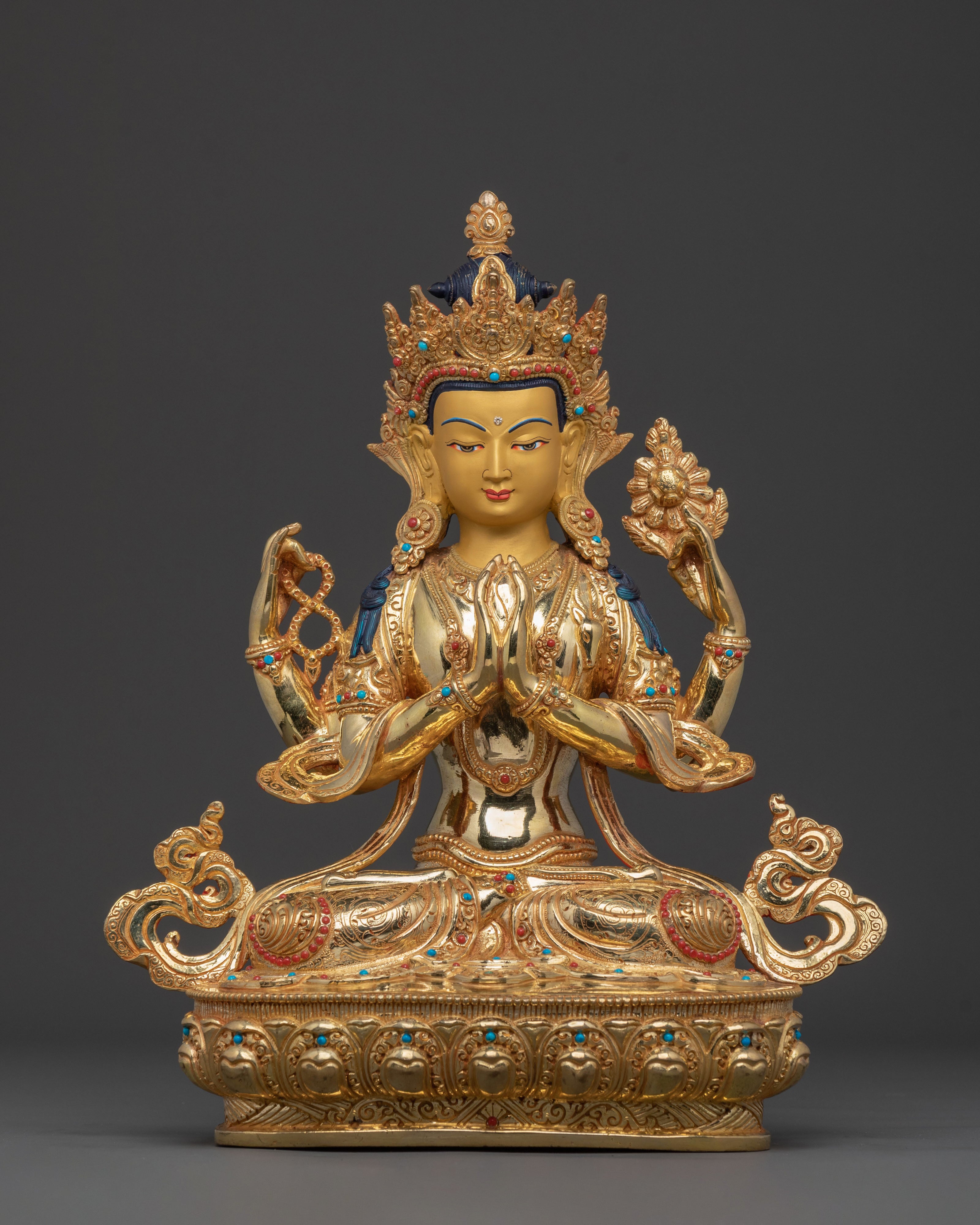 Chenrezig Statue: 24K Gold Gilded Figurine
