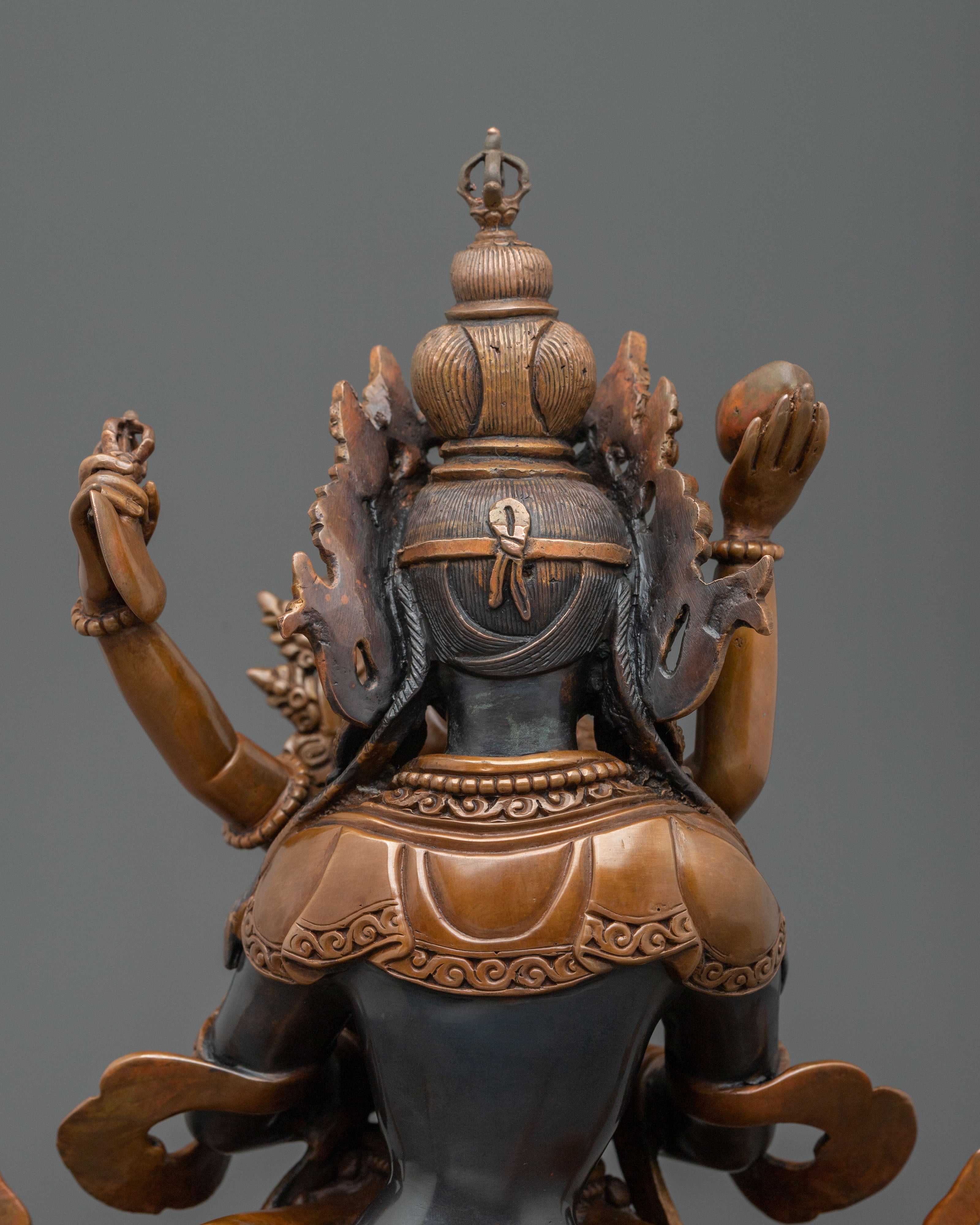 Vajradhara Sacred Sculpture with Consort: Oxidized Copper Staue