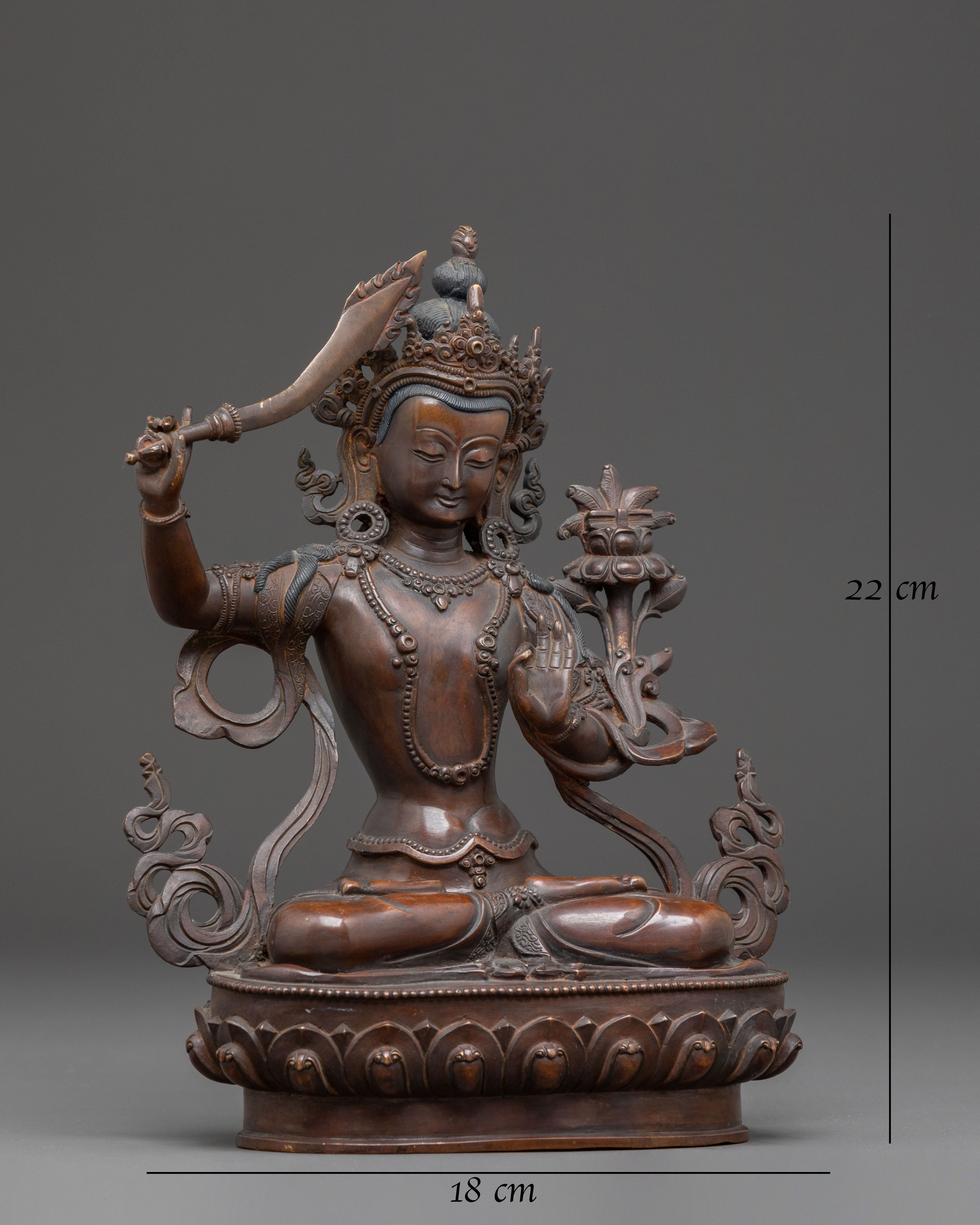 Handcrafted Manjushri Statue of Wisdom | Antique Copper Finish