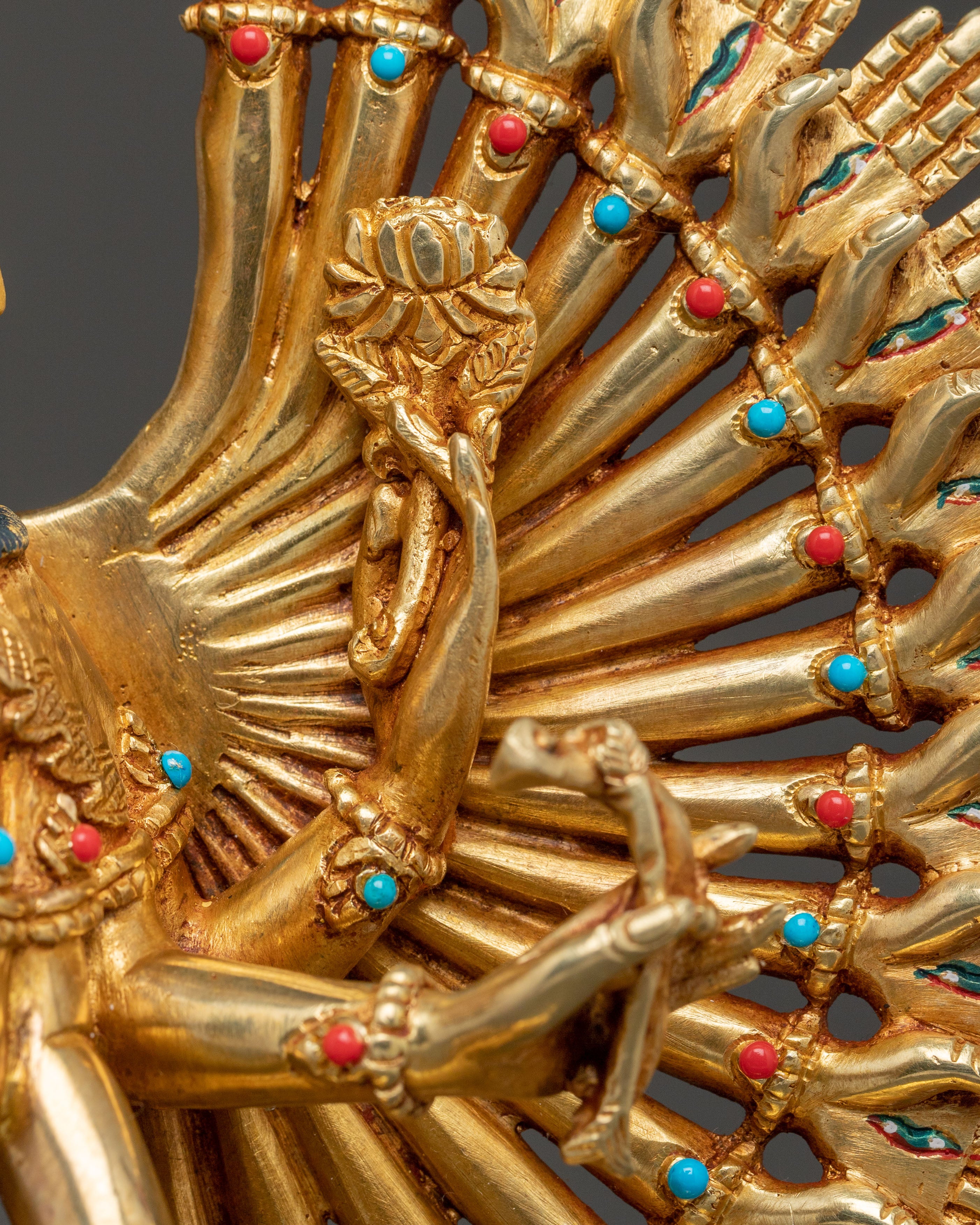 1000 Armed Chenrezig Statue | 24k Gold Glided with Gemstone Inlay