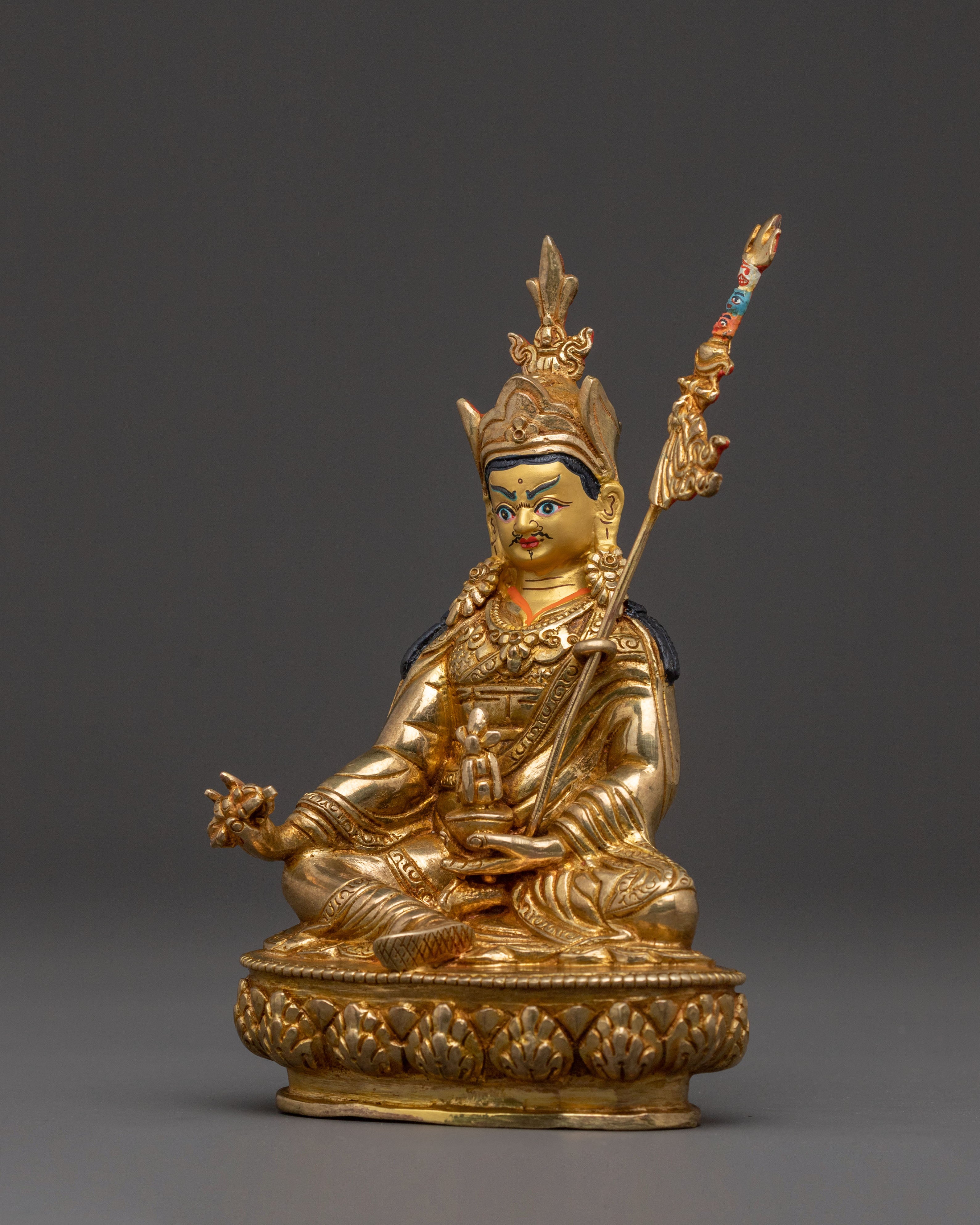 Divine Guru Rinpoche Sculpture – Hand-Gilded Copper Art