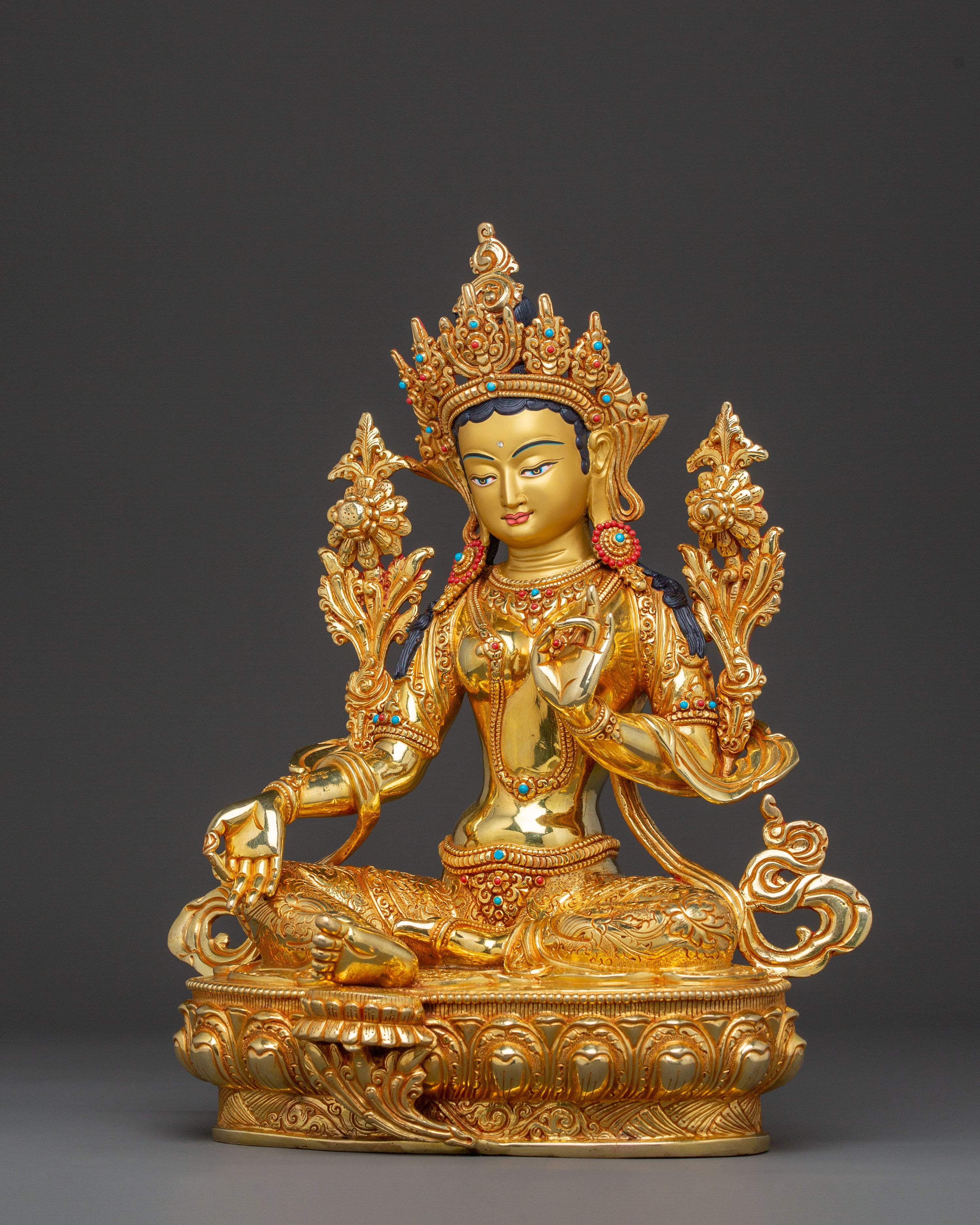 Green Tara 24K Gold Gilded Copper Statue