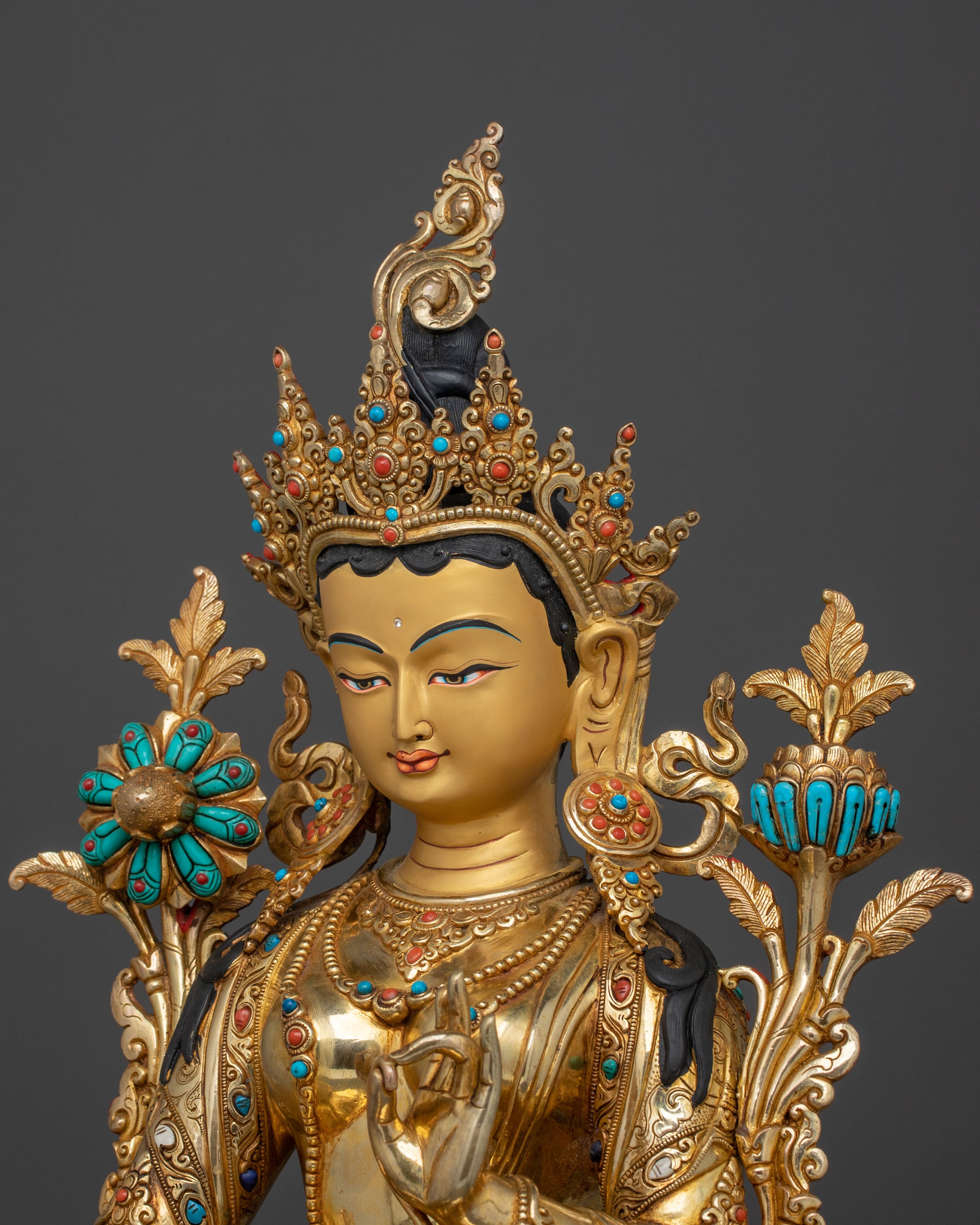 Goddess Green Tara Fire Gold Gilded Statue: Symbol of Compassion