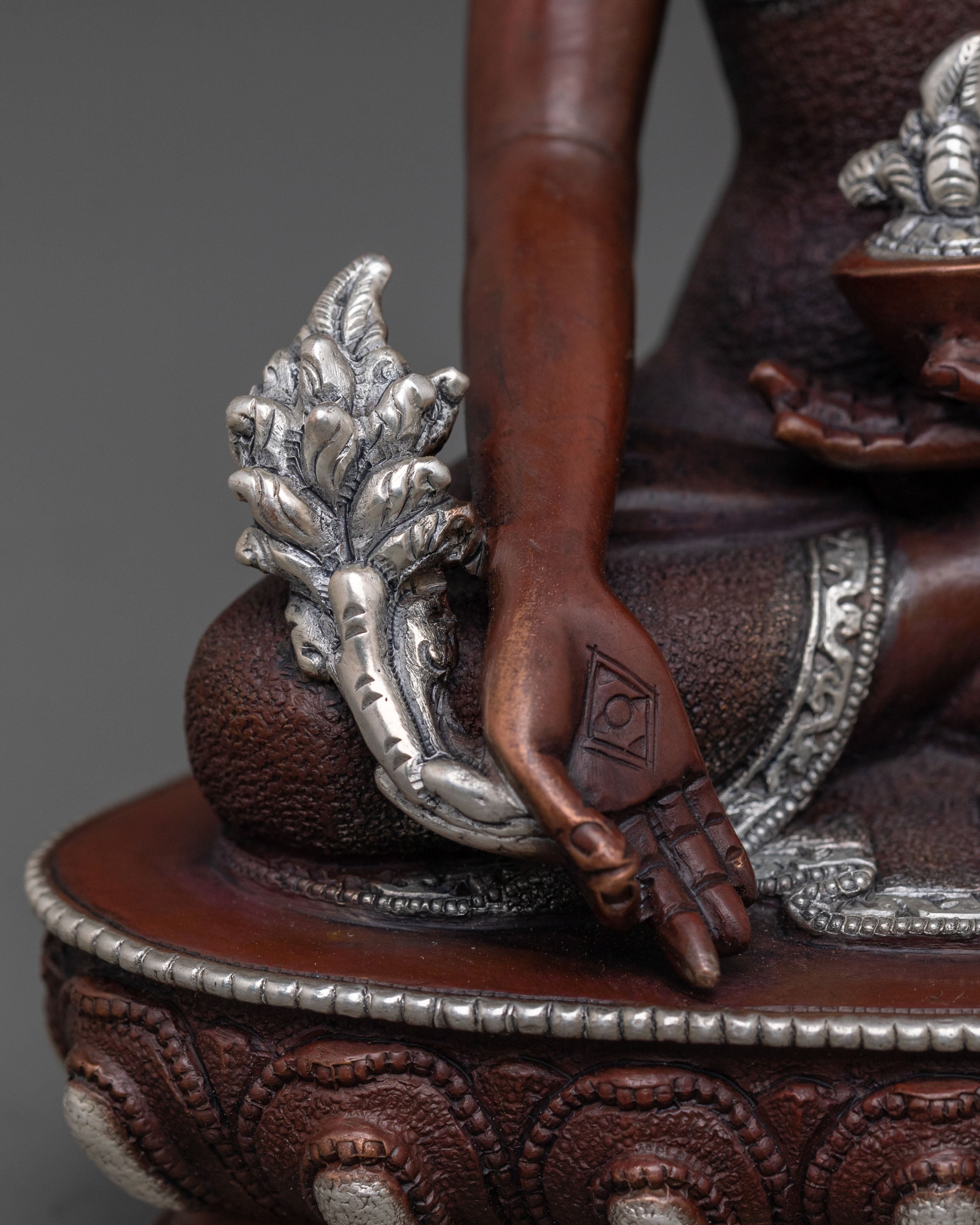Healing Deity Medicine Buddha Statue in Silver and Oxidized Copper