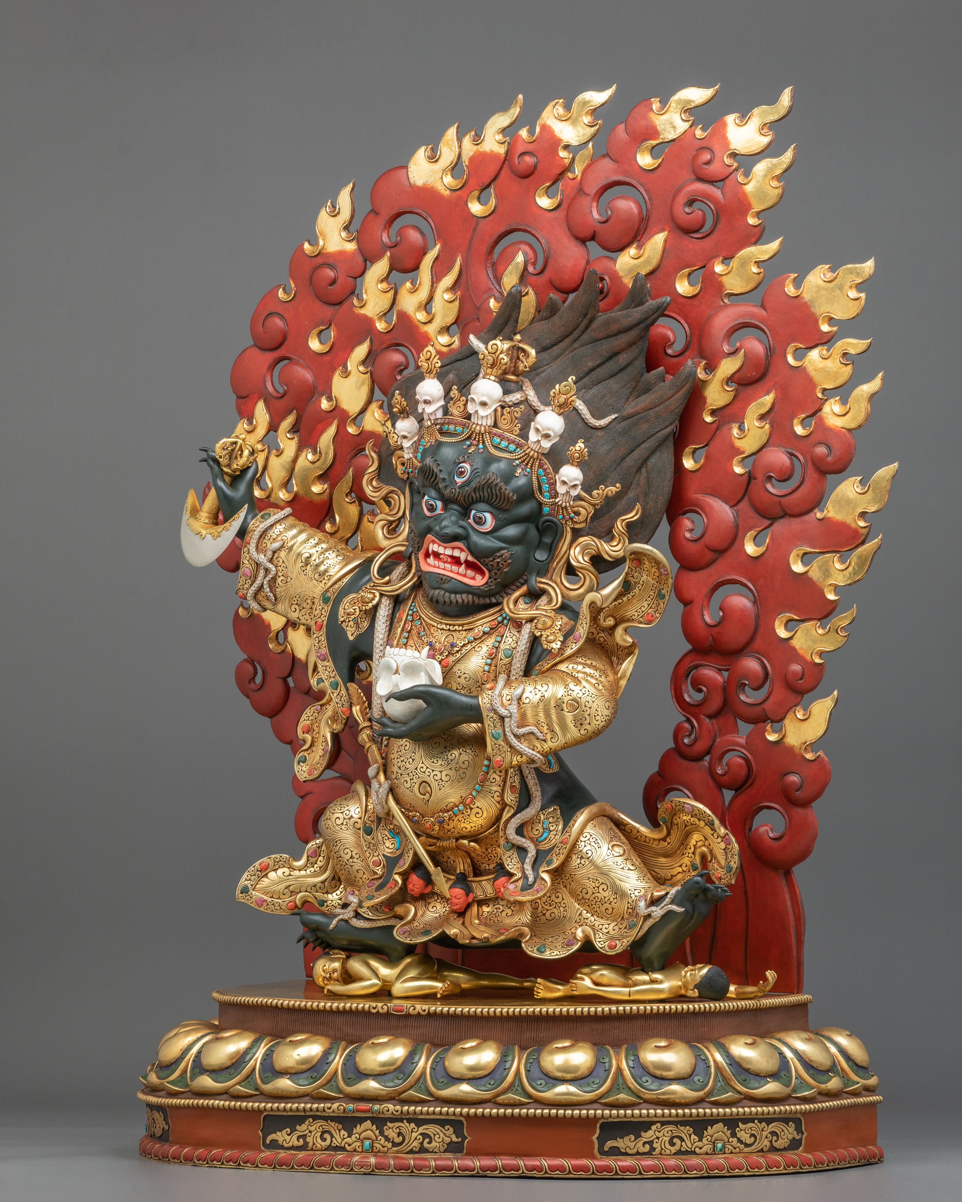 Mahakala Bernakchen Sacred Tibetan Sculpture | Gemstone-Adorned Copper Statue