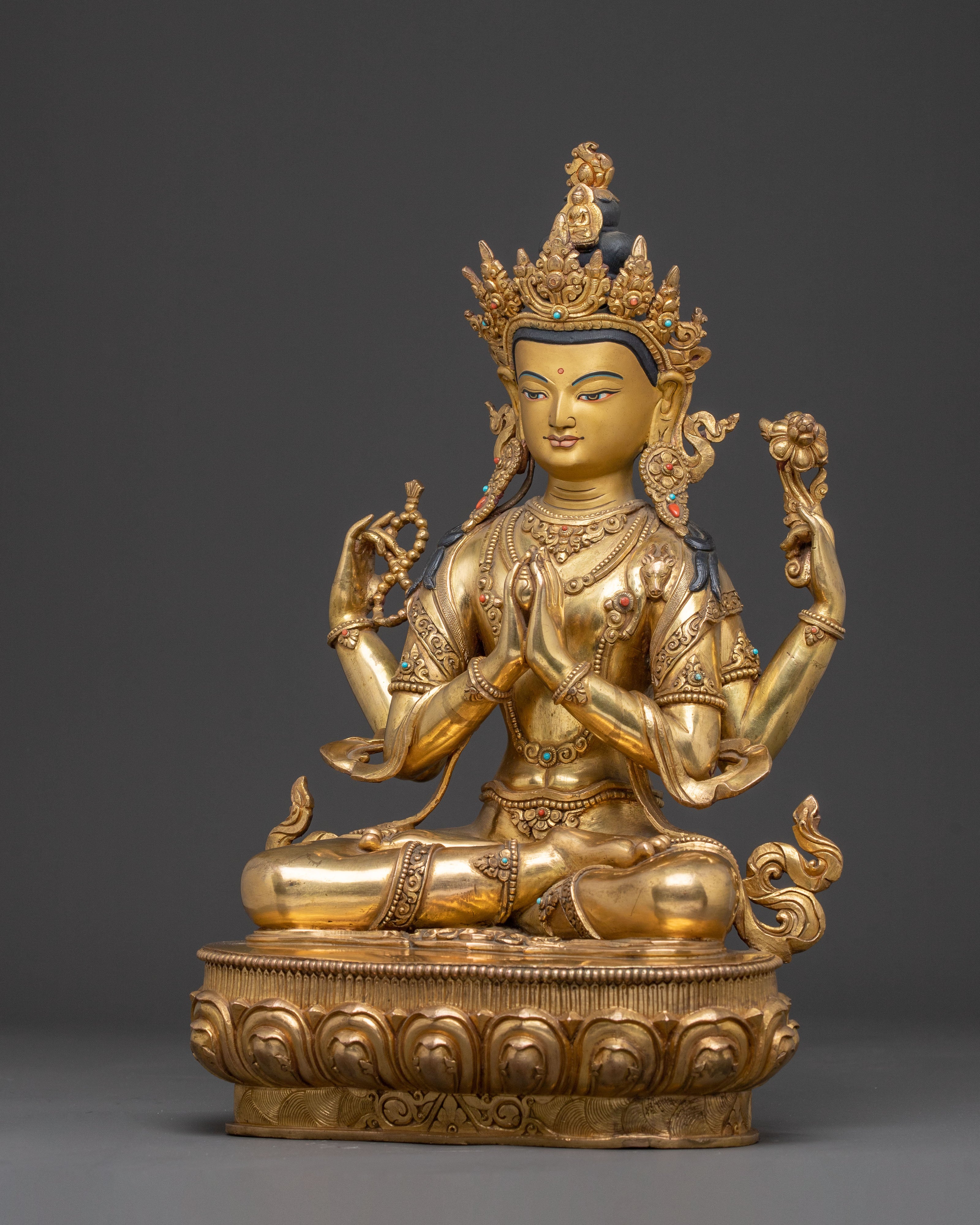 Handcrafted Chenrezig Golden Statue | Tibetan Bodhisattva of Compassion