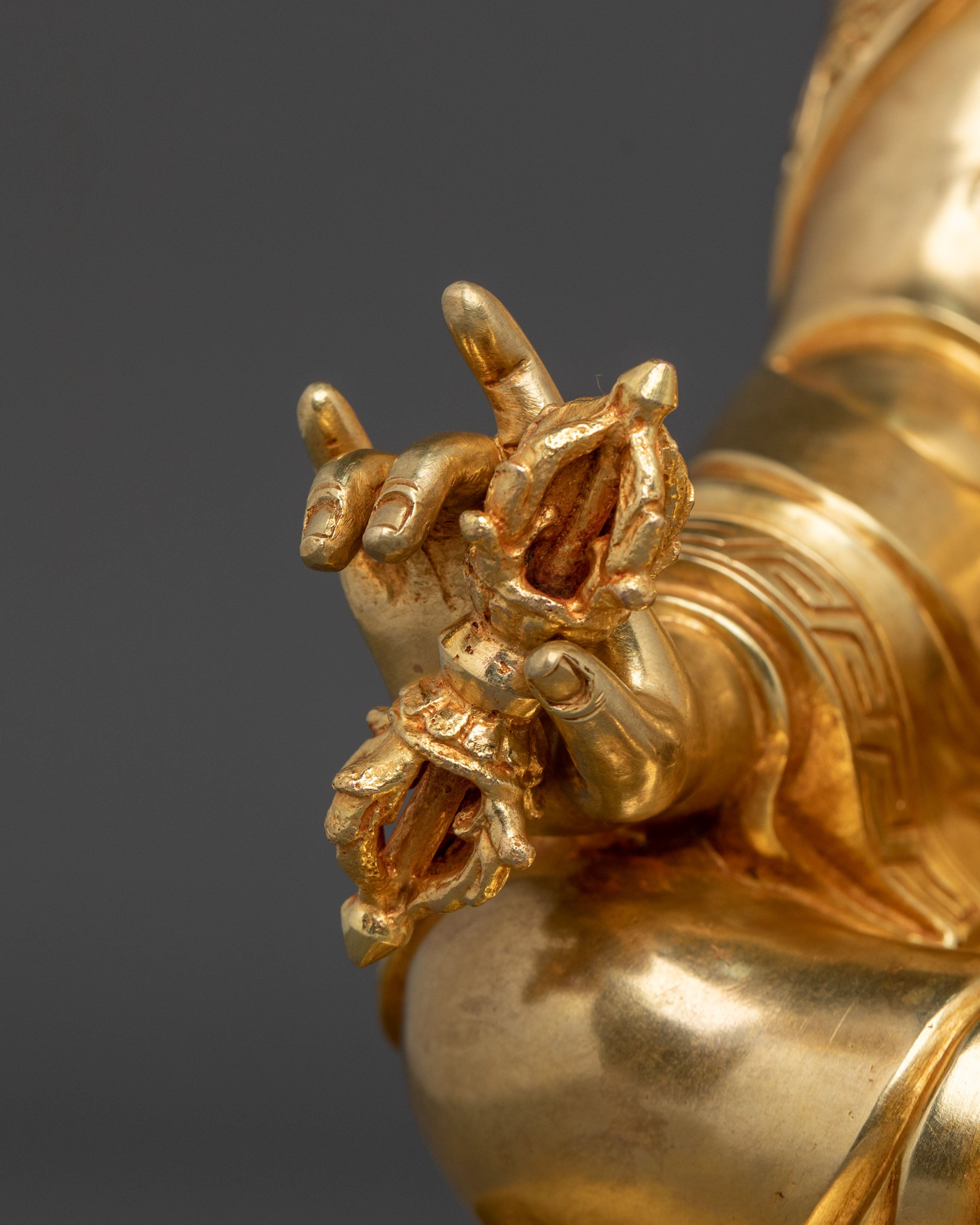Buddhist Precious Figurine of Guru Rinpoche in Glimmering 24K Gold