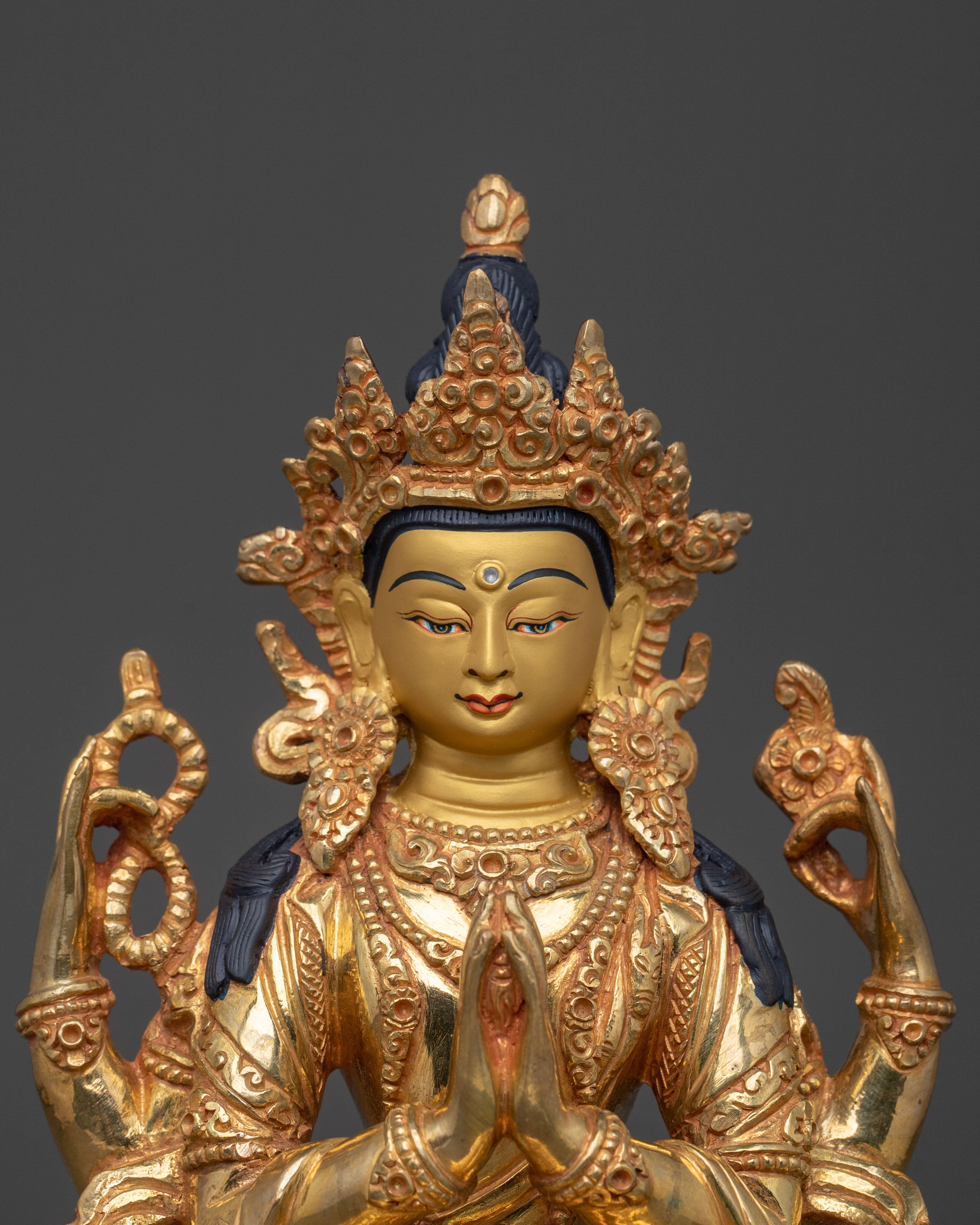 Handmade Four Armed Chenrezig Spiritual Sculpture: 24K Gold Gilded