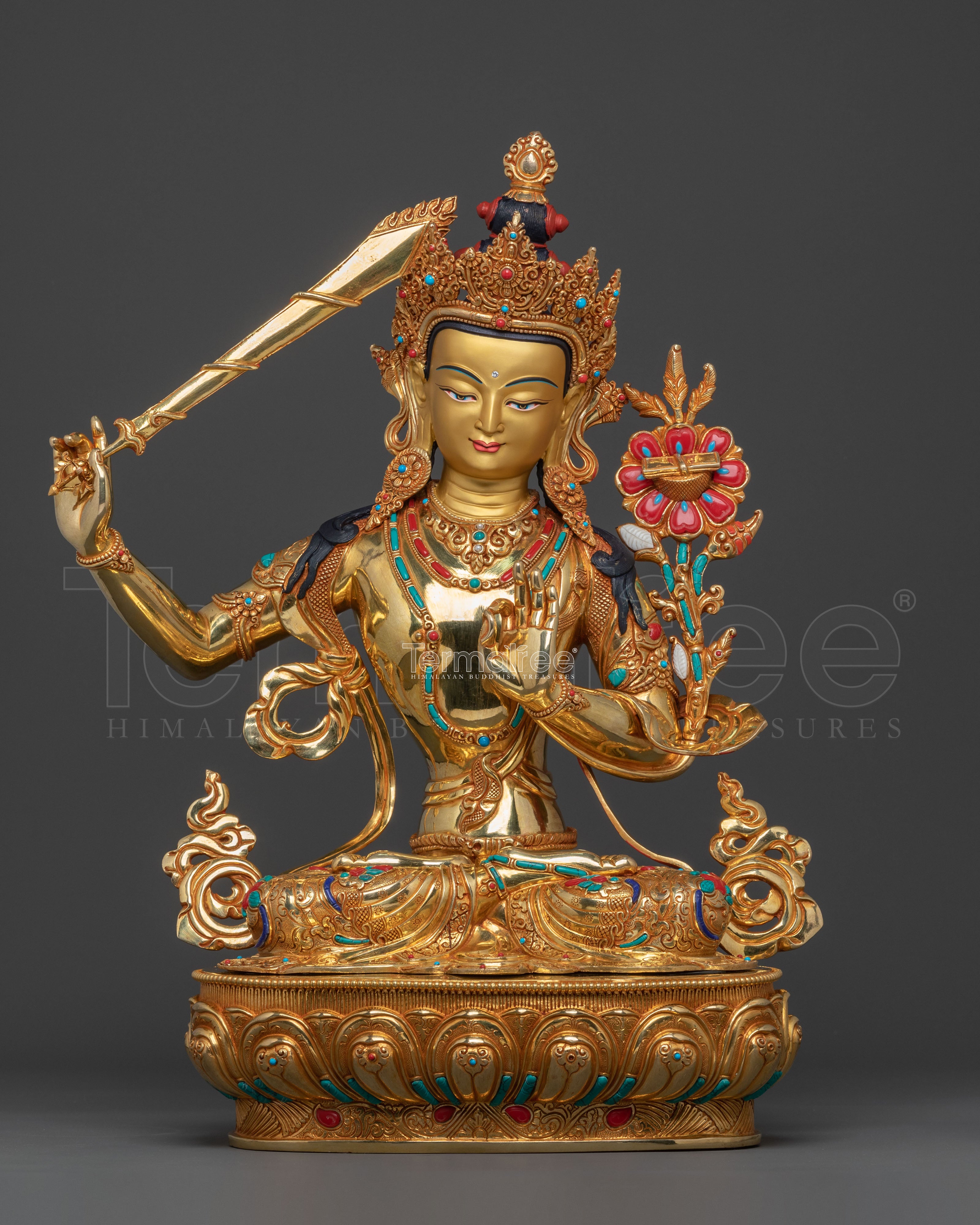 Manjushri: 24K Gold Gilded Buddhist Bodhisattva Manjushri Statue