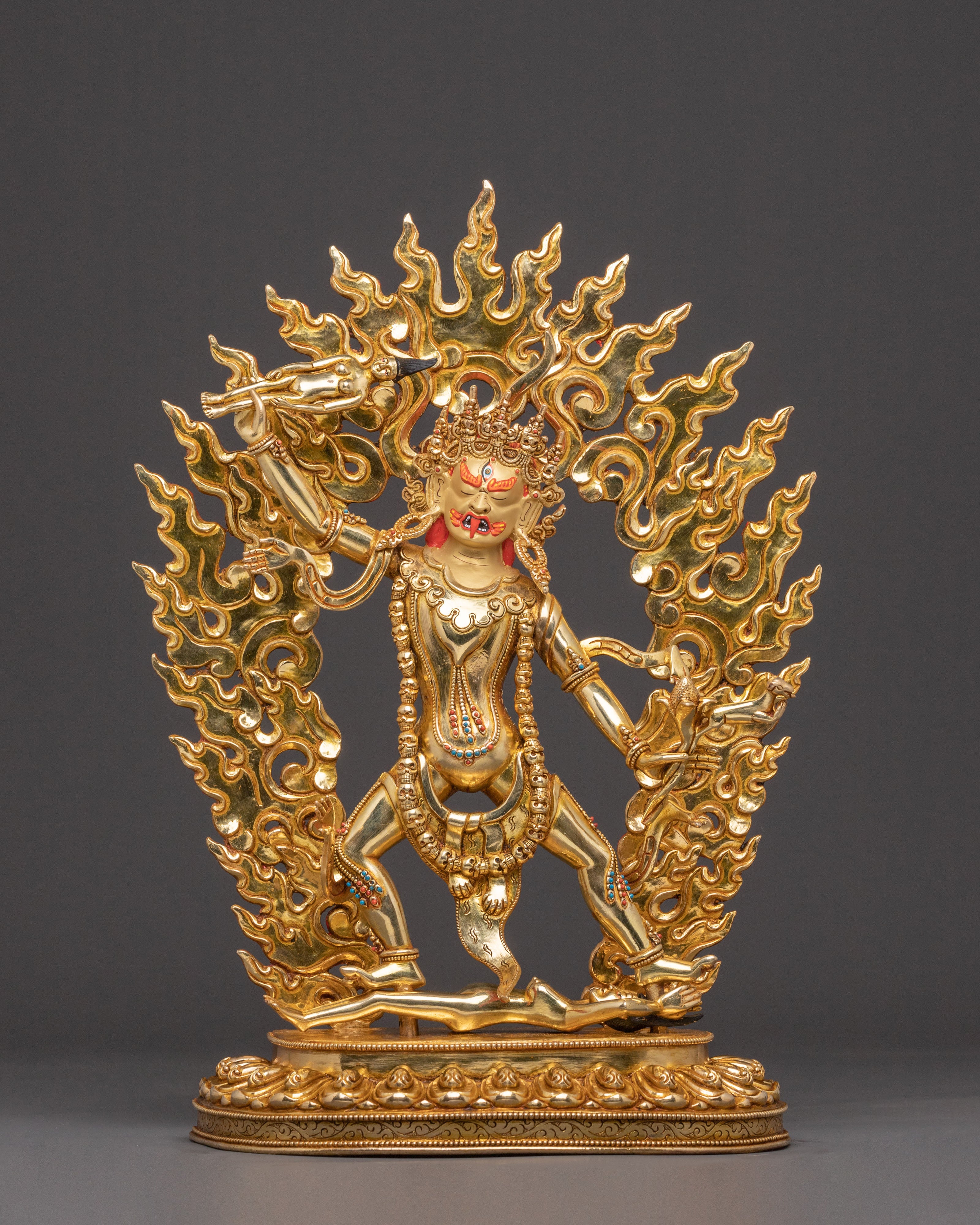 24K Gold Gilded Three Nyingma Protectors Statue – Masterpiece of Patan