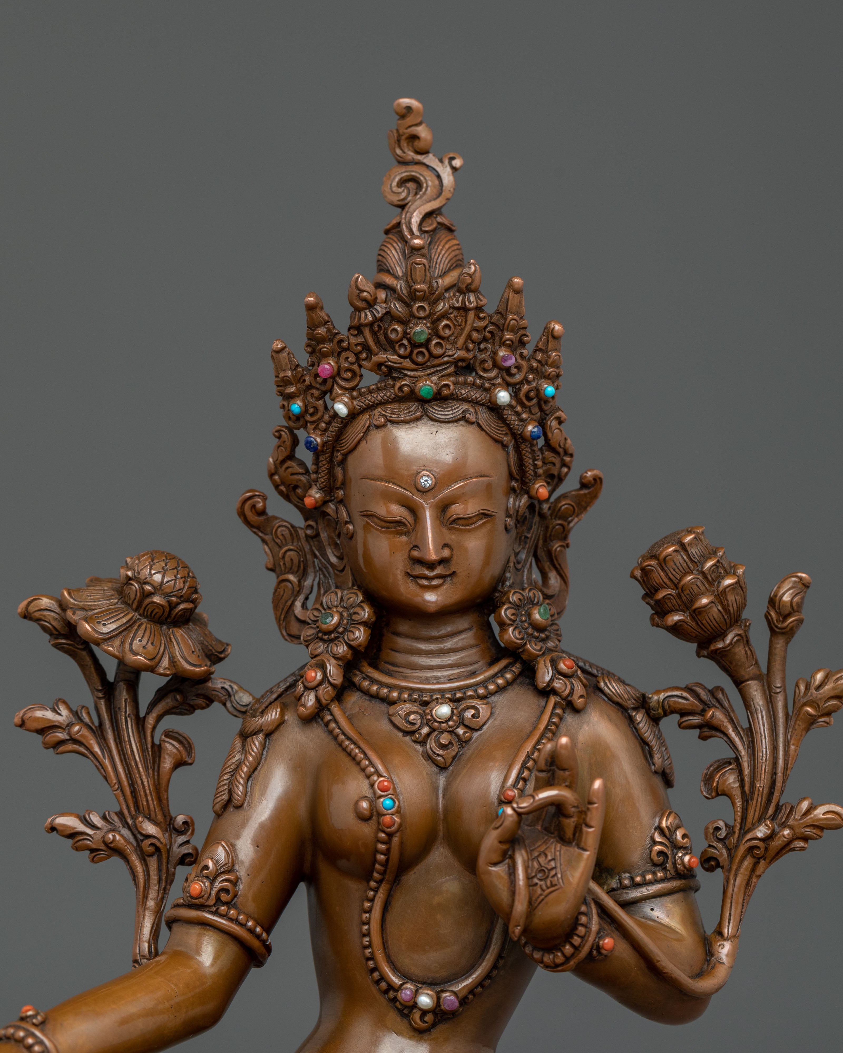 Green Tara Sculpture of Sacred Protection: Oxidized Copper Art