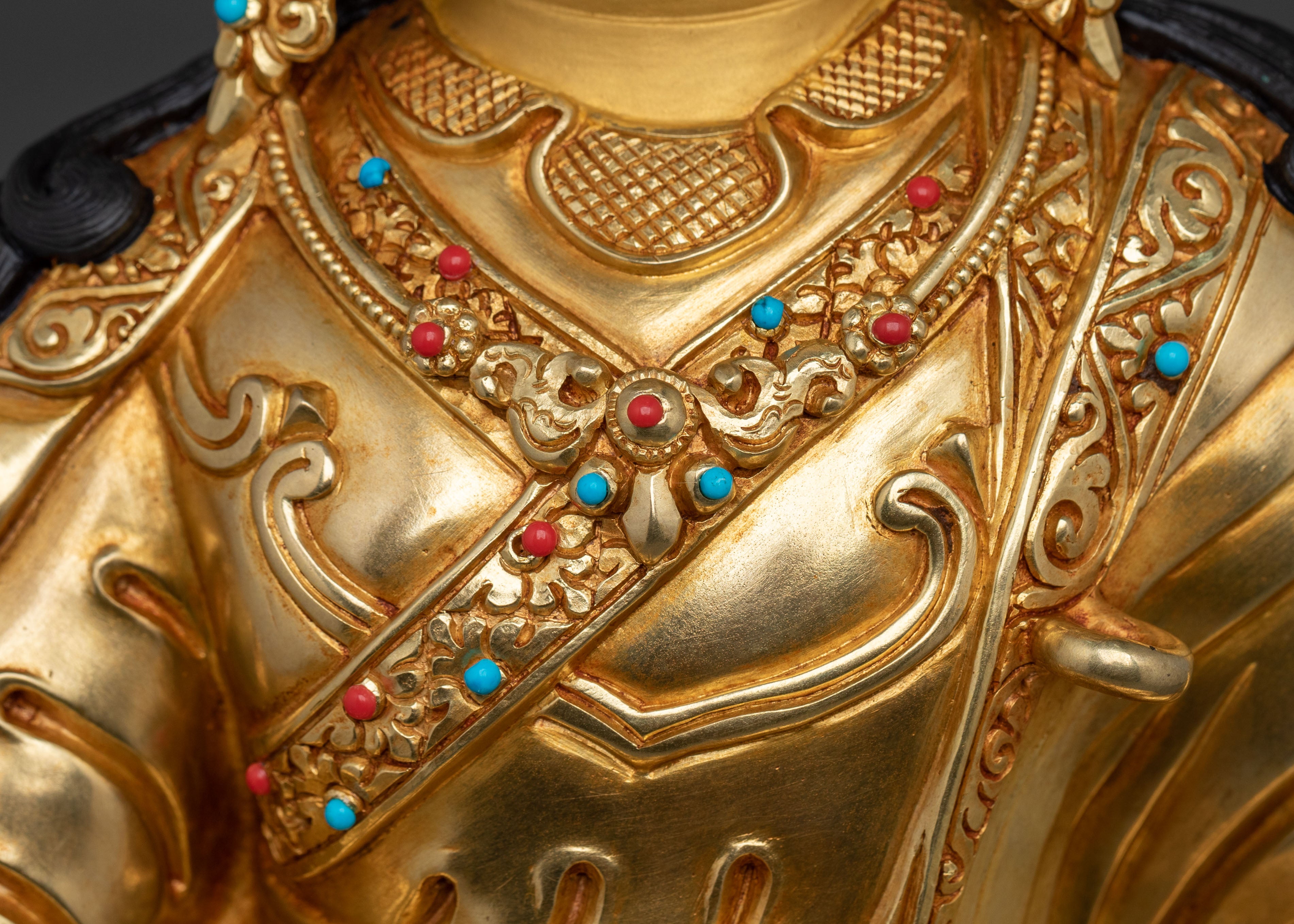 Buddhist Precious Figurine of Guru Rinpoche in Glimmering 24K Gold