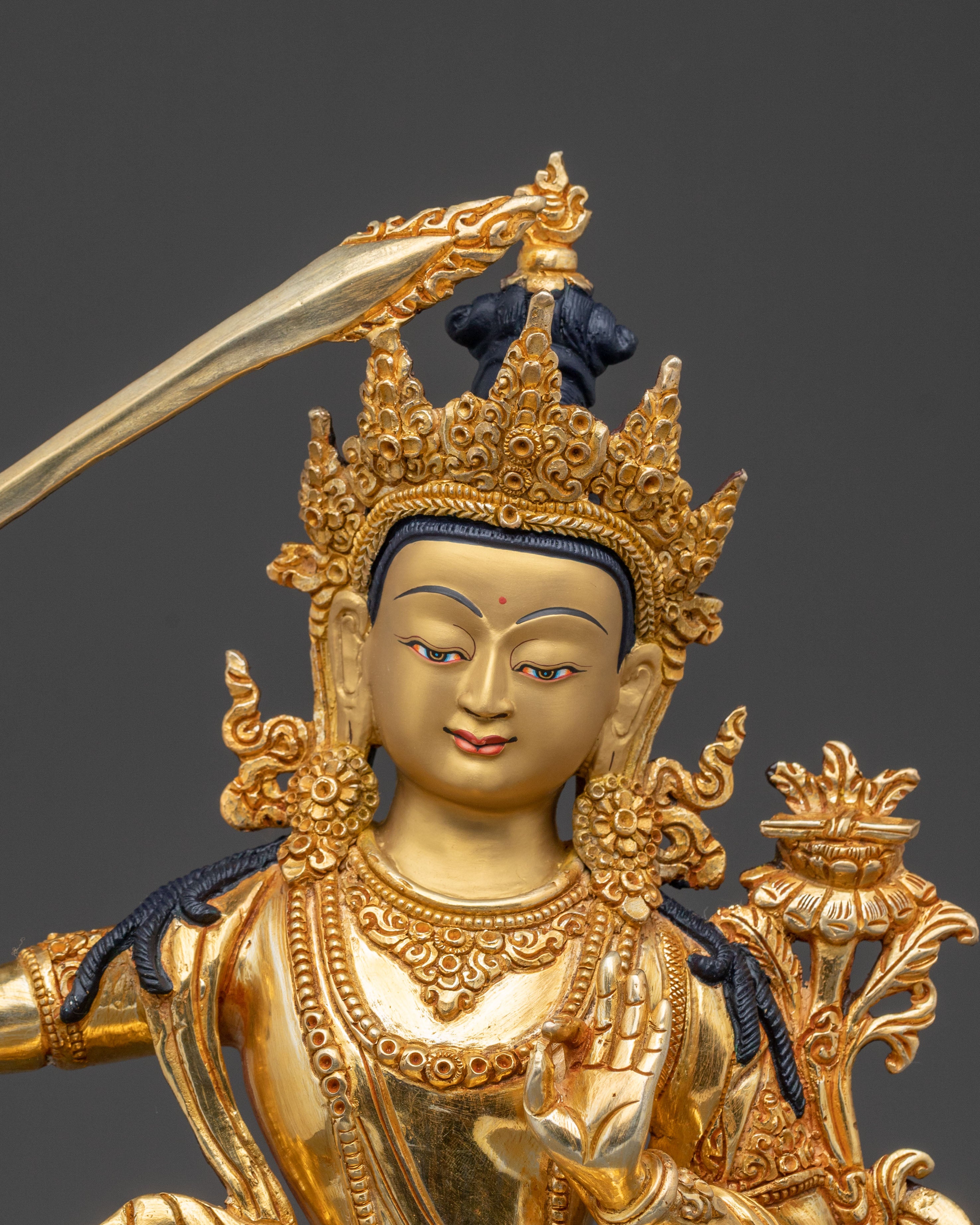 Gold Electroplated Manjushri Sculpture: Radiant Wisdom Artistry