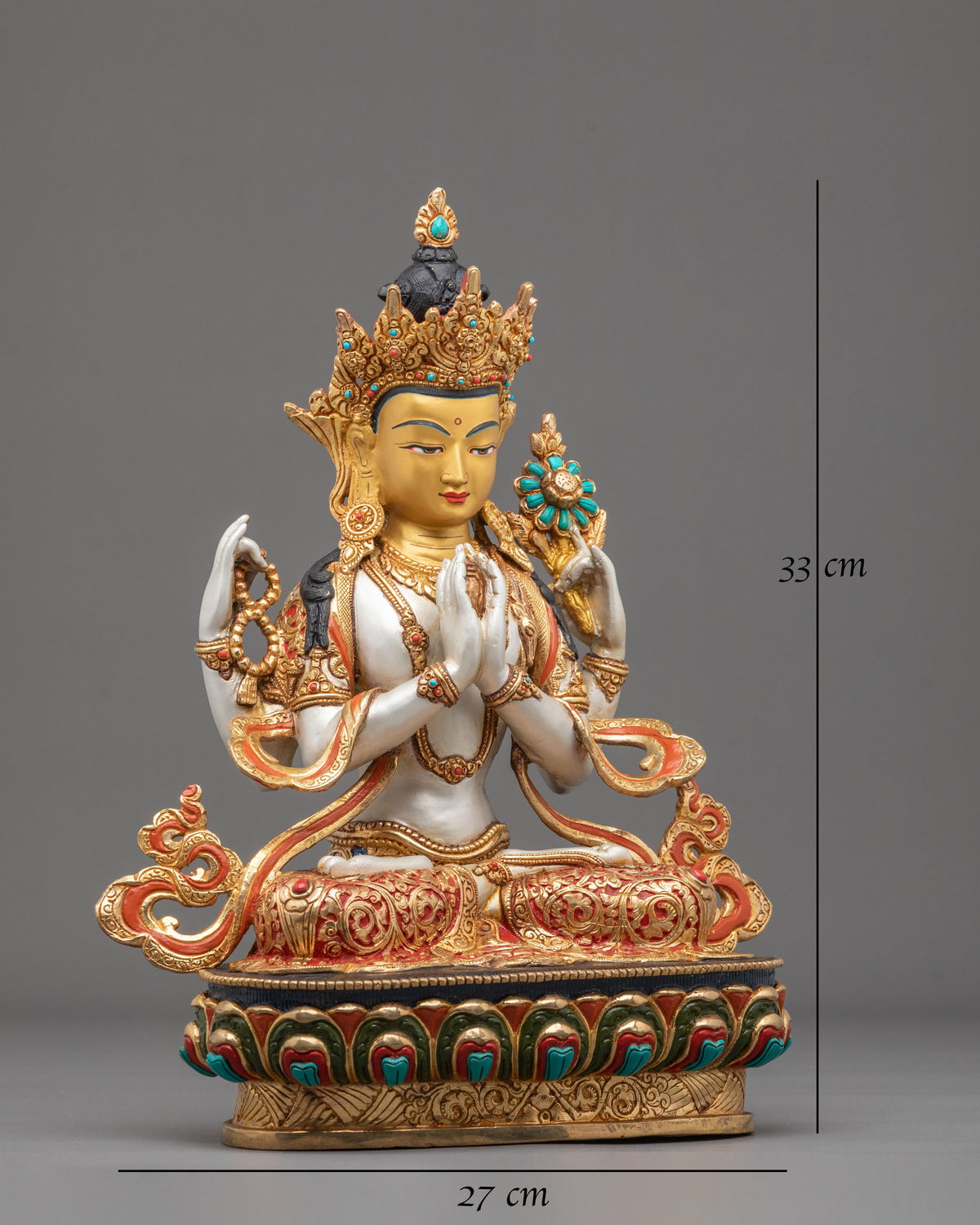 Four Armed Chenrezig Fire Gold Gilded Sculpture | Home Decor
