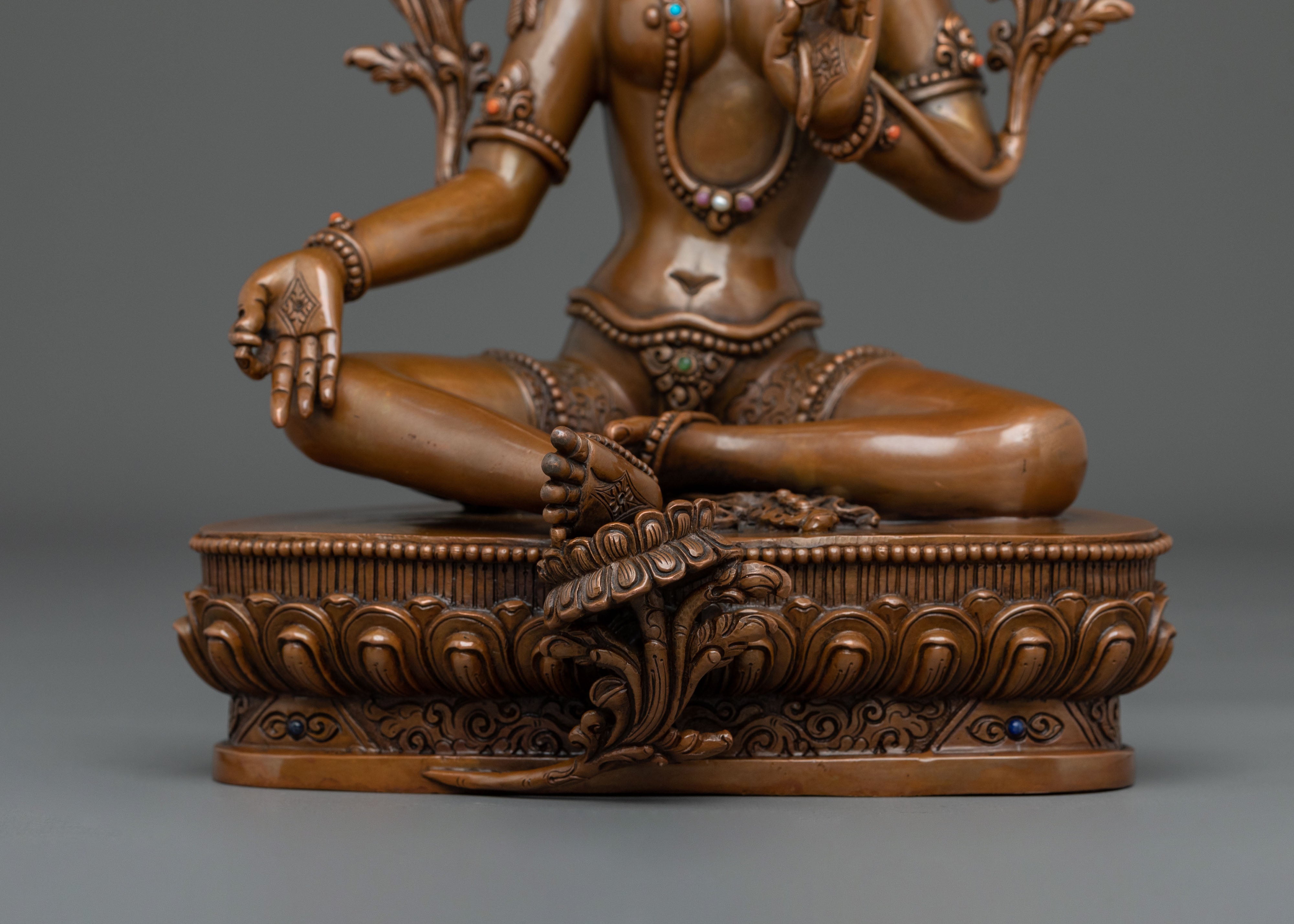 Green Tara Sculpture of Sacred Protection: Oxidized Copper Art