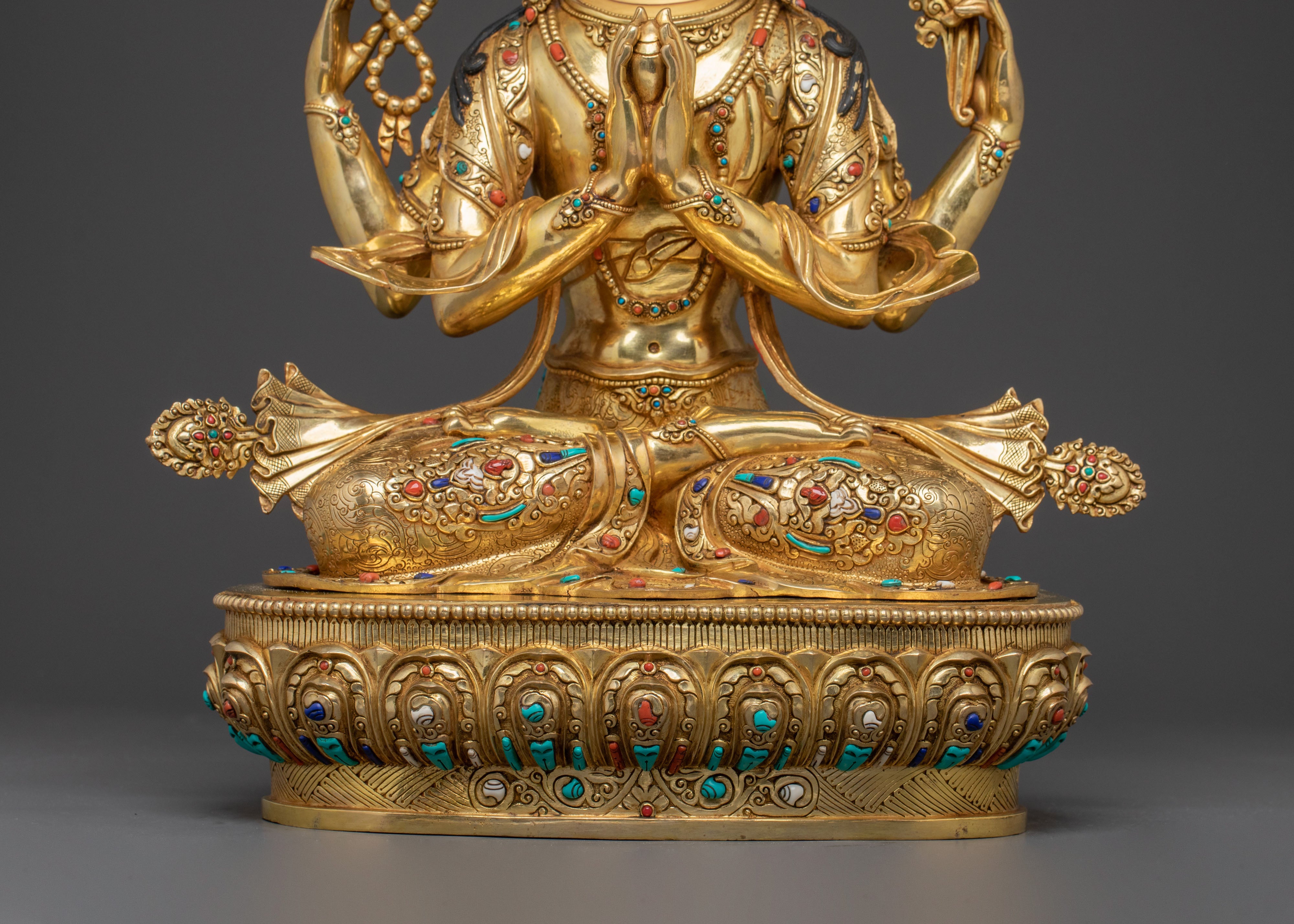 Buddhist Mercy Chenrezig Sculpture – Radiant 24K Gold Gilded Artistry