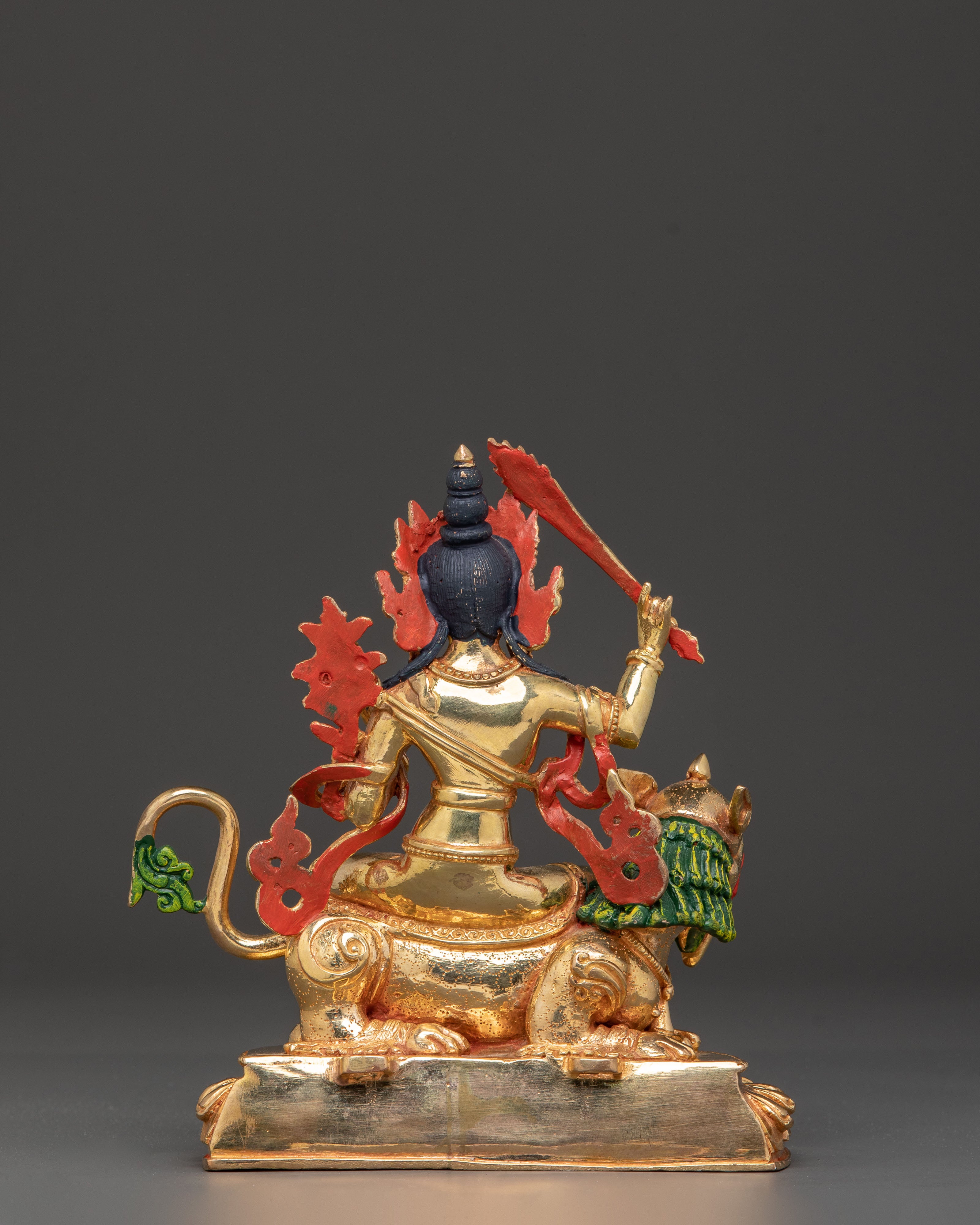 Handmade Simhanada Manjushri Golden Statue - Radiant Wisdom Art
