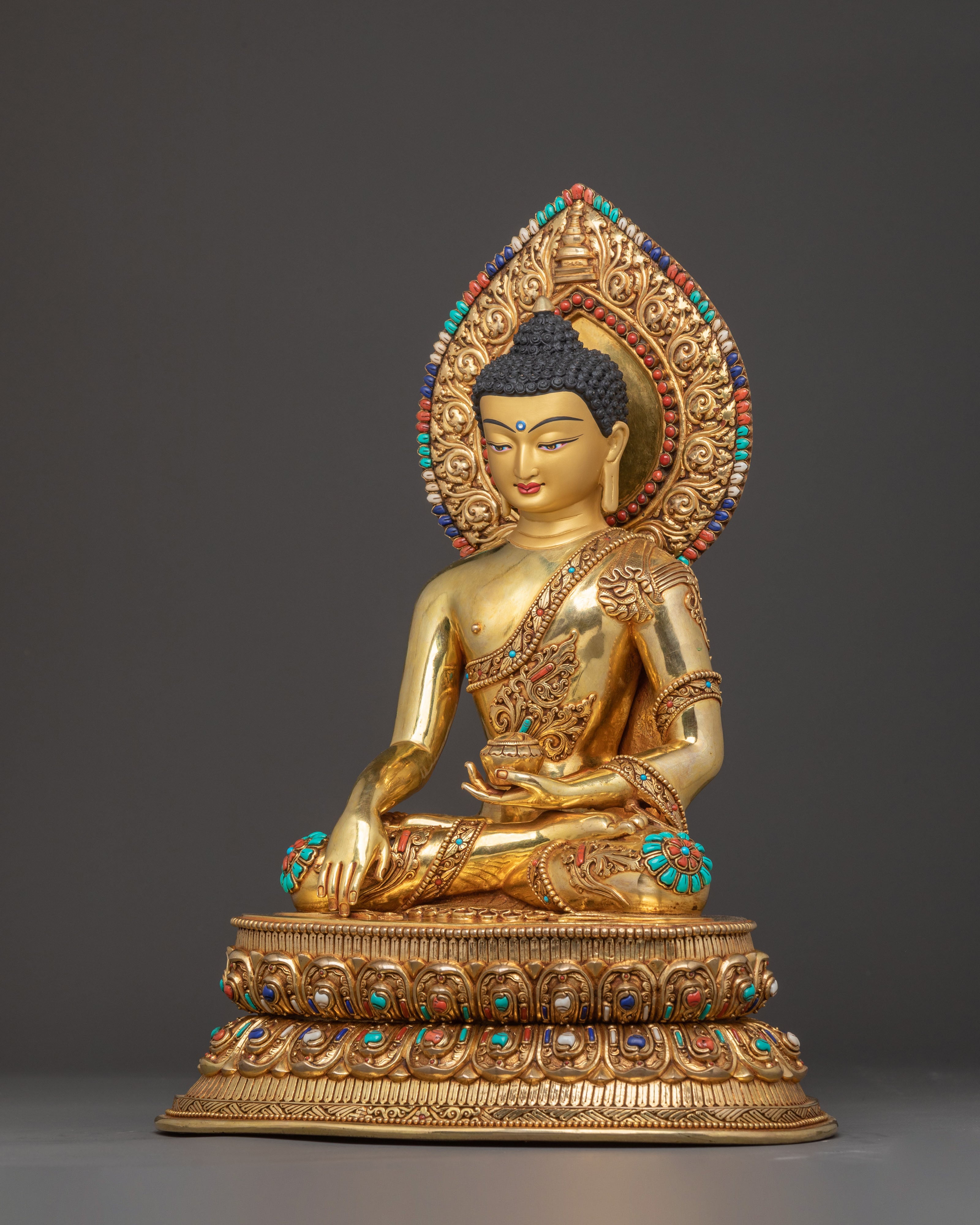 Holy Sculpture of Shakyamuni Buddha: 24K Gilded Copper Masterpiece