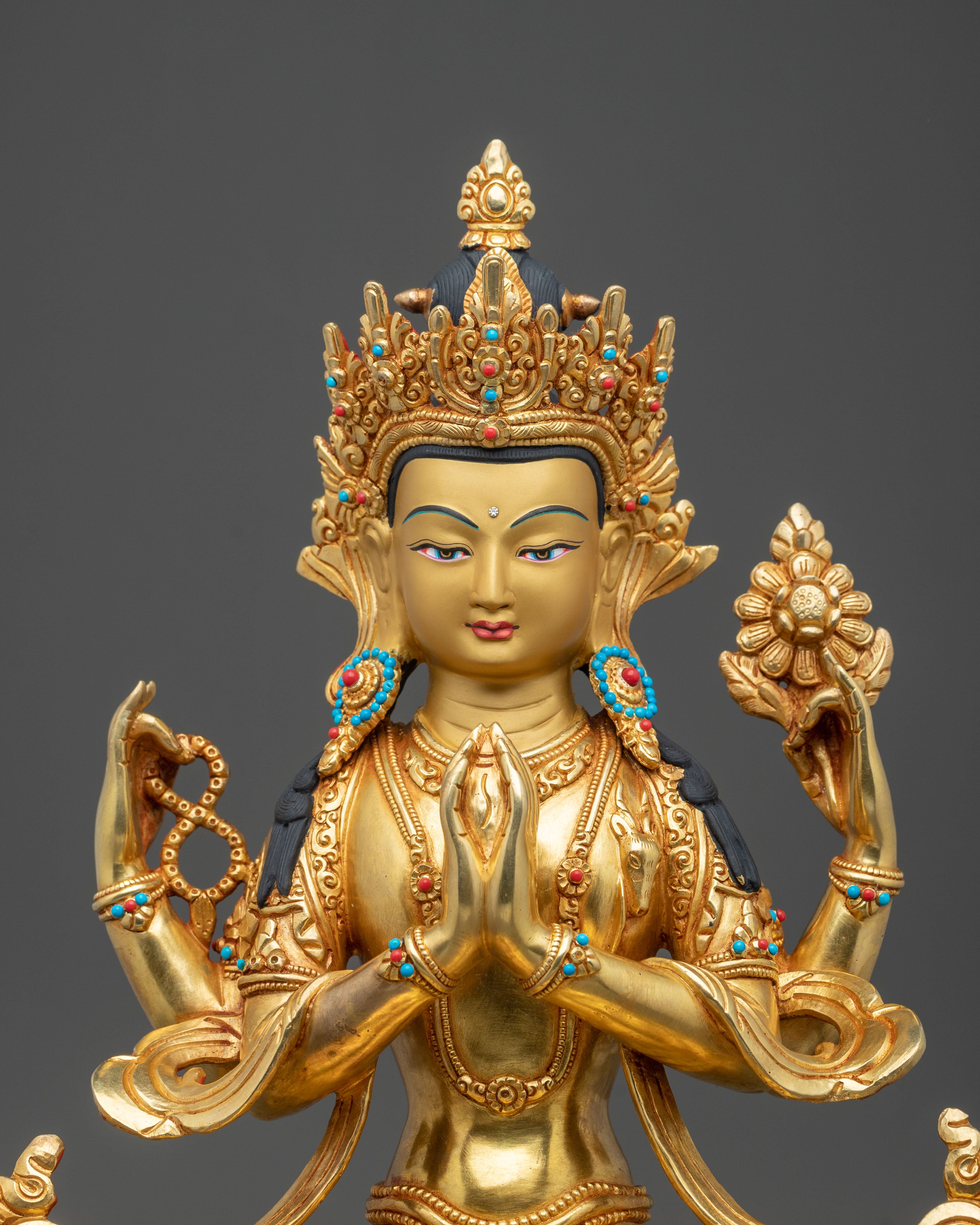 Four-Armed Chenrezig 24K Gold Gilded Statue | Compassionate Radiance