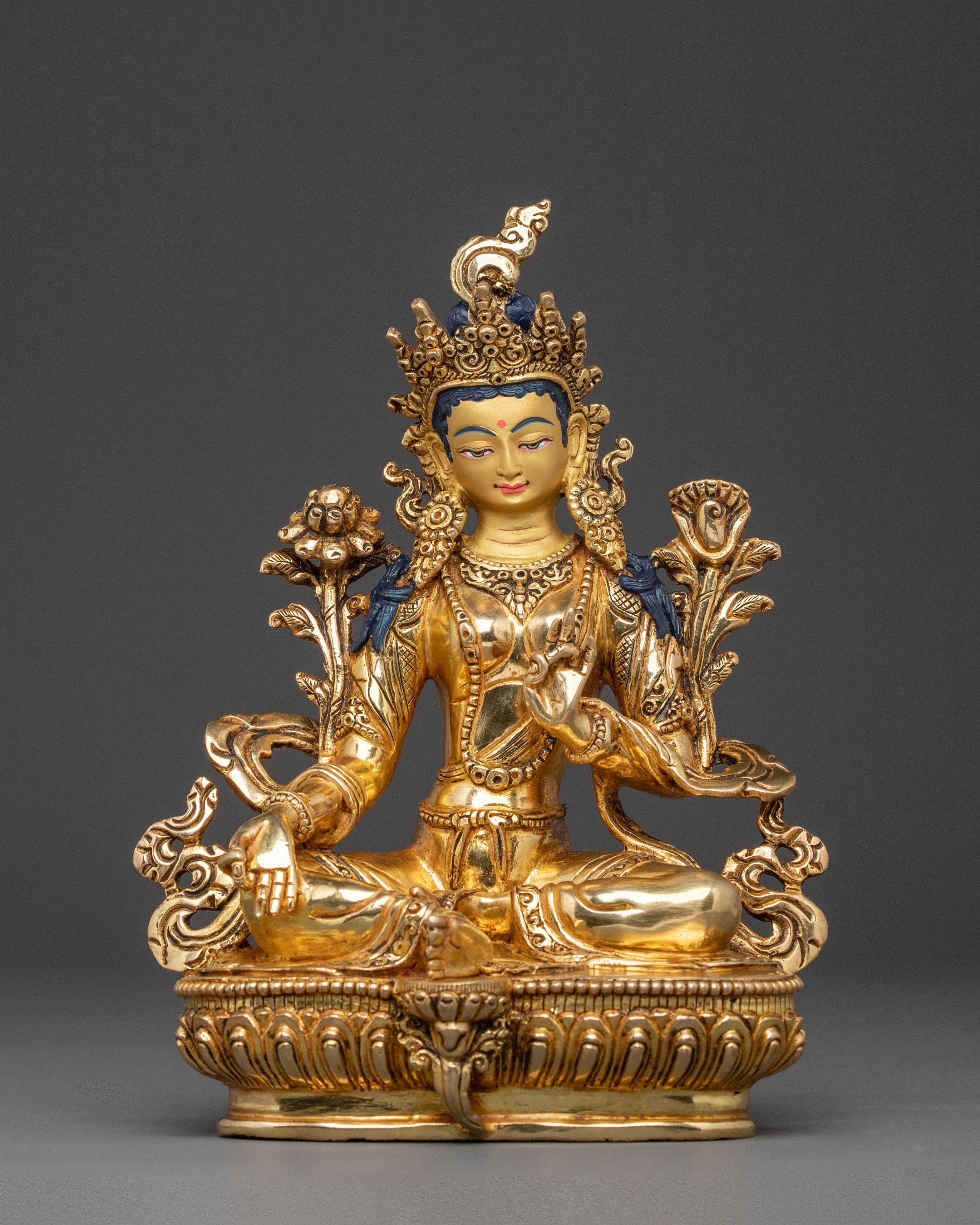 Green Tara Mother of Compassion Statue: 24K Gold Gilded